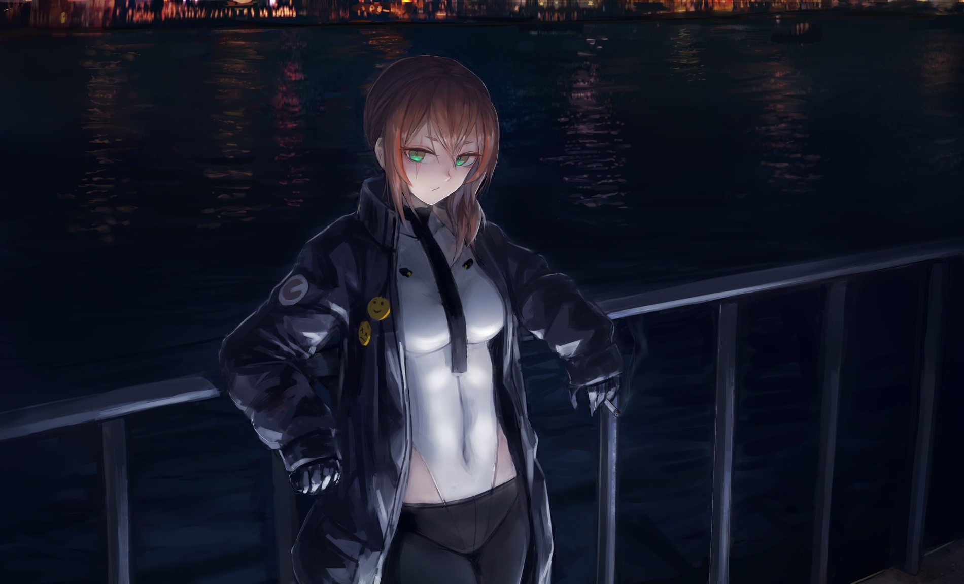 Anime girl with green eyes and brown hair wearing a bodysuit and jacket HD Wallpaper