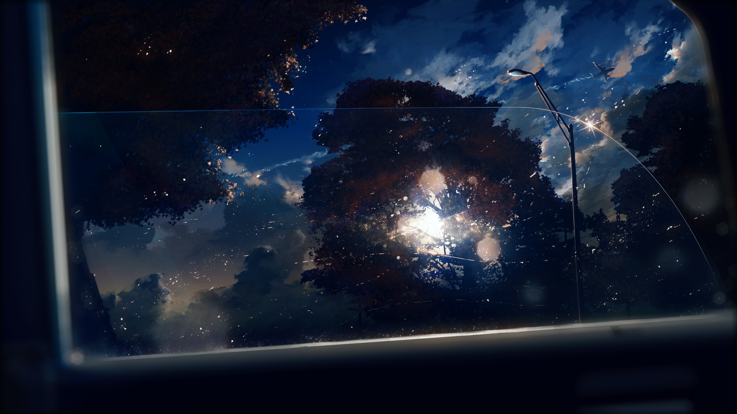 Anime scene with trees, street light, and sky HD Wallpaper