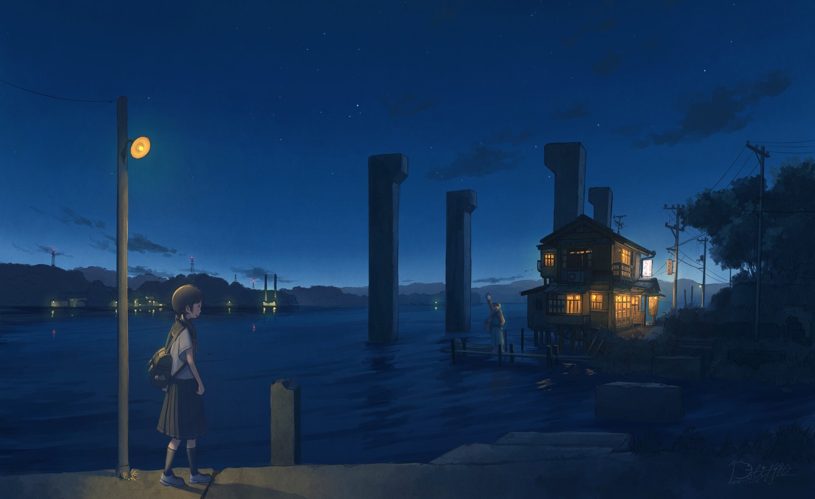 Anime girl by the water at night HD Wallpaper