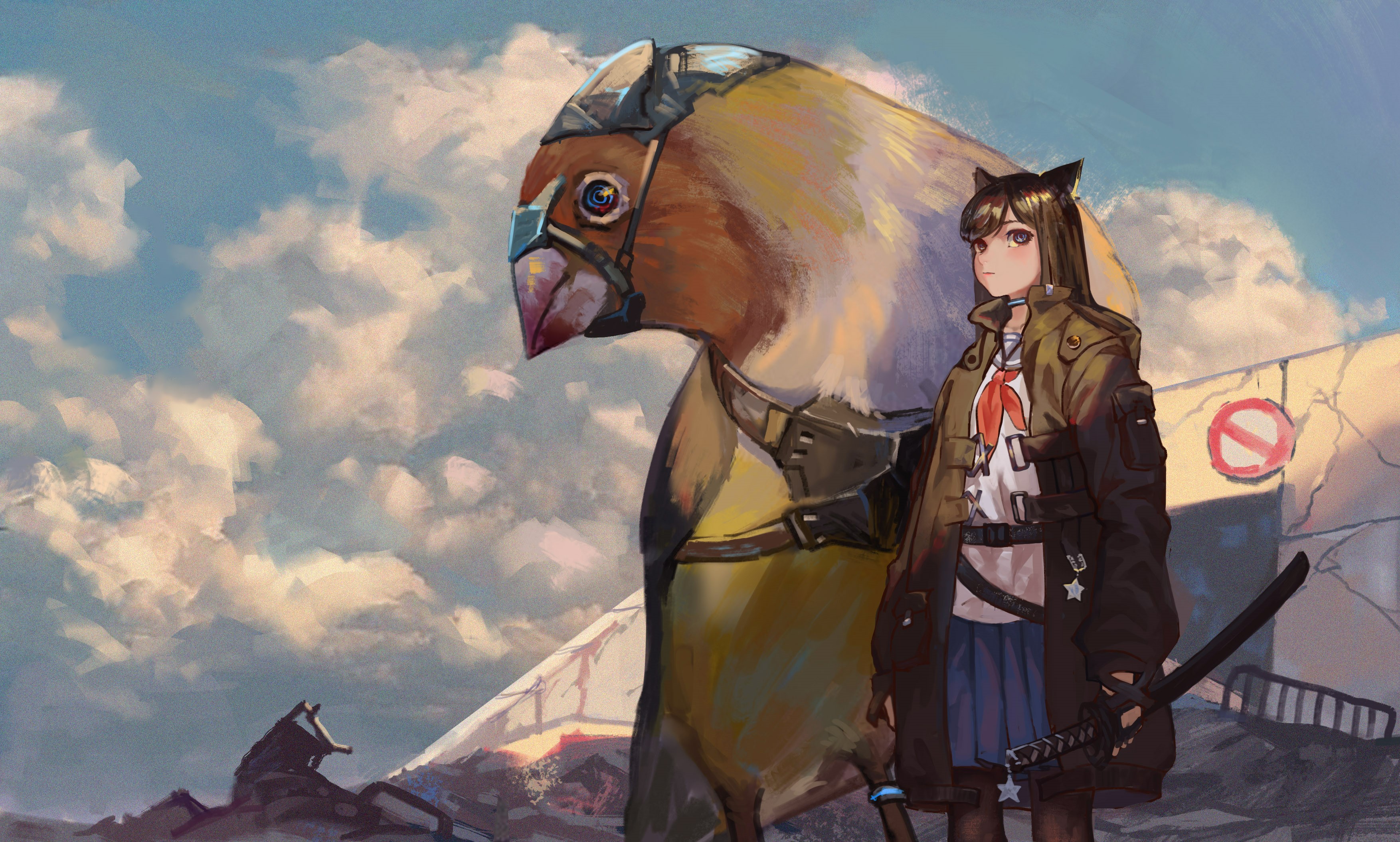 Anime girl with cat ears and a large bird creature HD Wallpaper