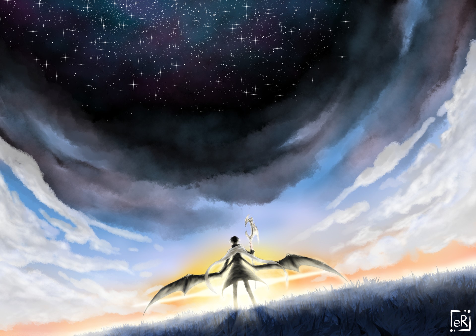 Fantasy character with wings and staff under starry sky HD Wallpaper