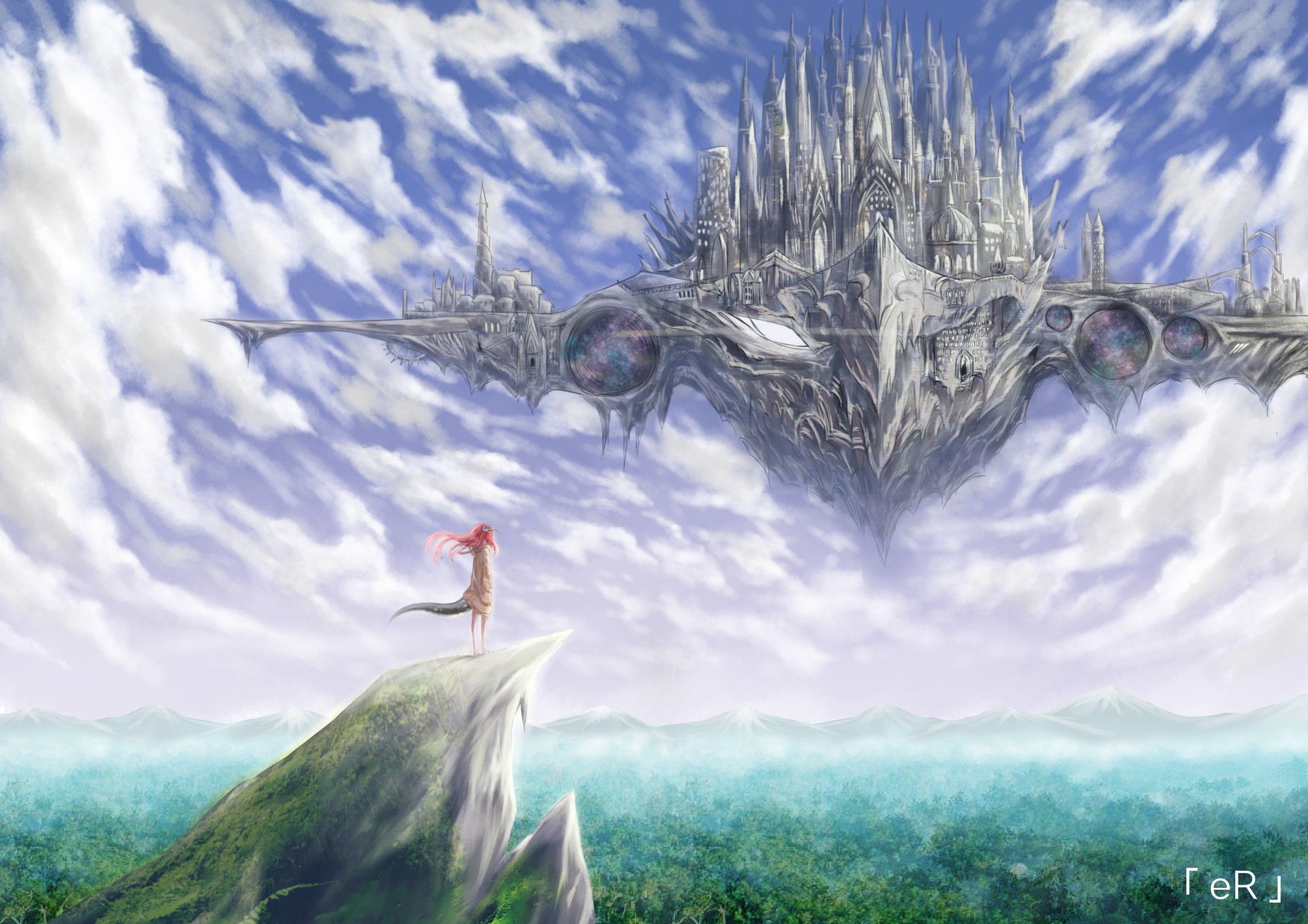 Fantasy girl looking at a floating castle in the sky HD Wallpaper