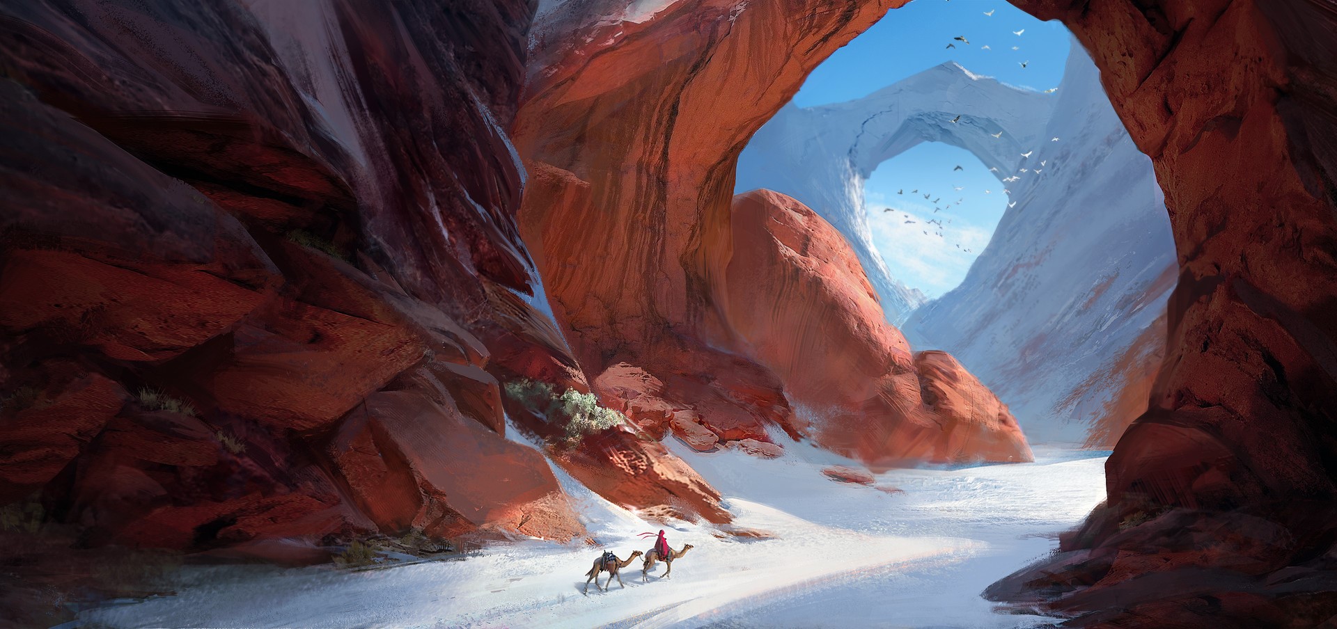Artwork of a snowy mountain pass with camels HD Wallpaper