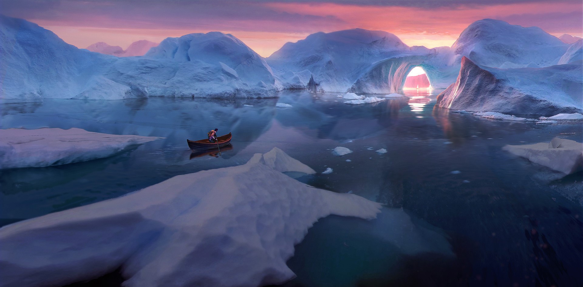 A person in a boat navigates an icy landscape at sunset HD Wallpaper