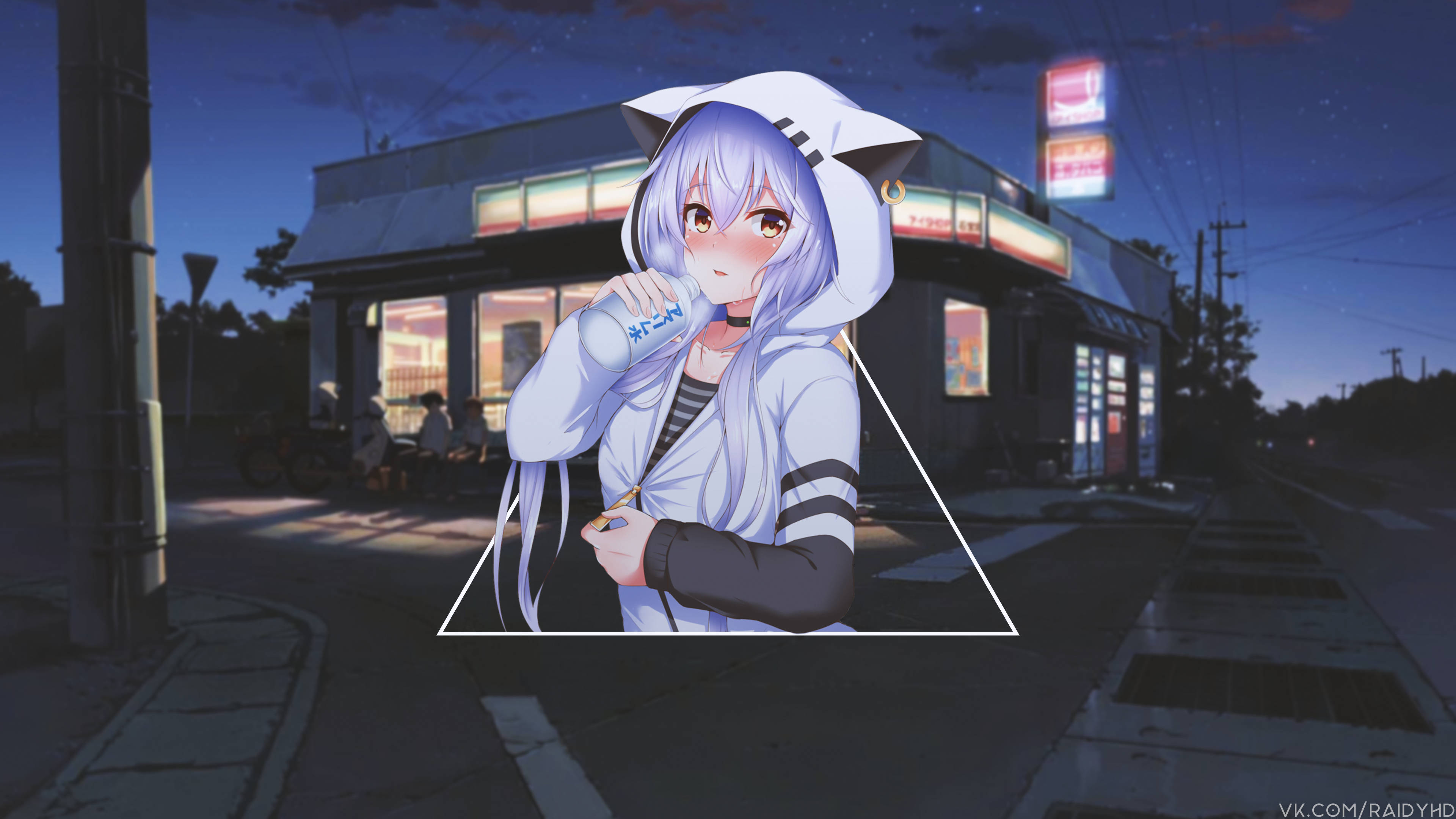 Anime girl drinking from a bottle in front of a store HD Wallpaper