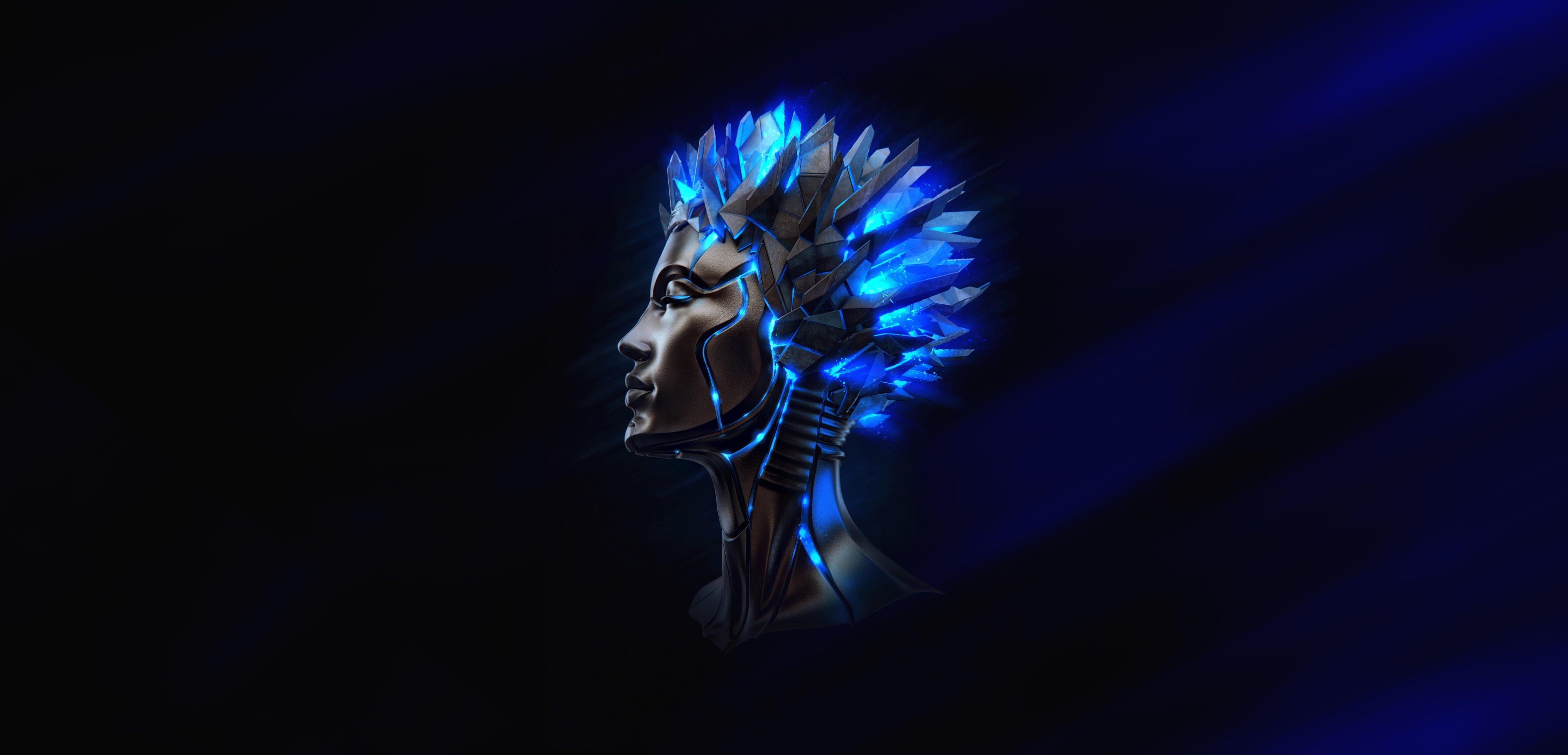 Artwork of a cyborg woman with blue crystals HD Wallpaper