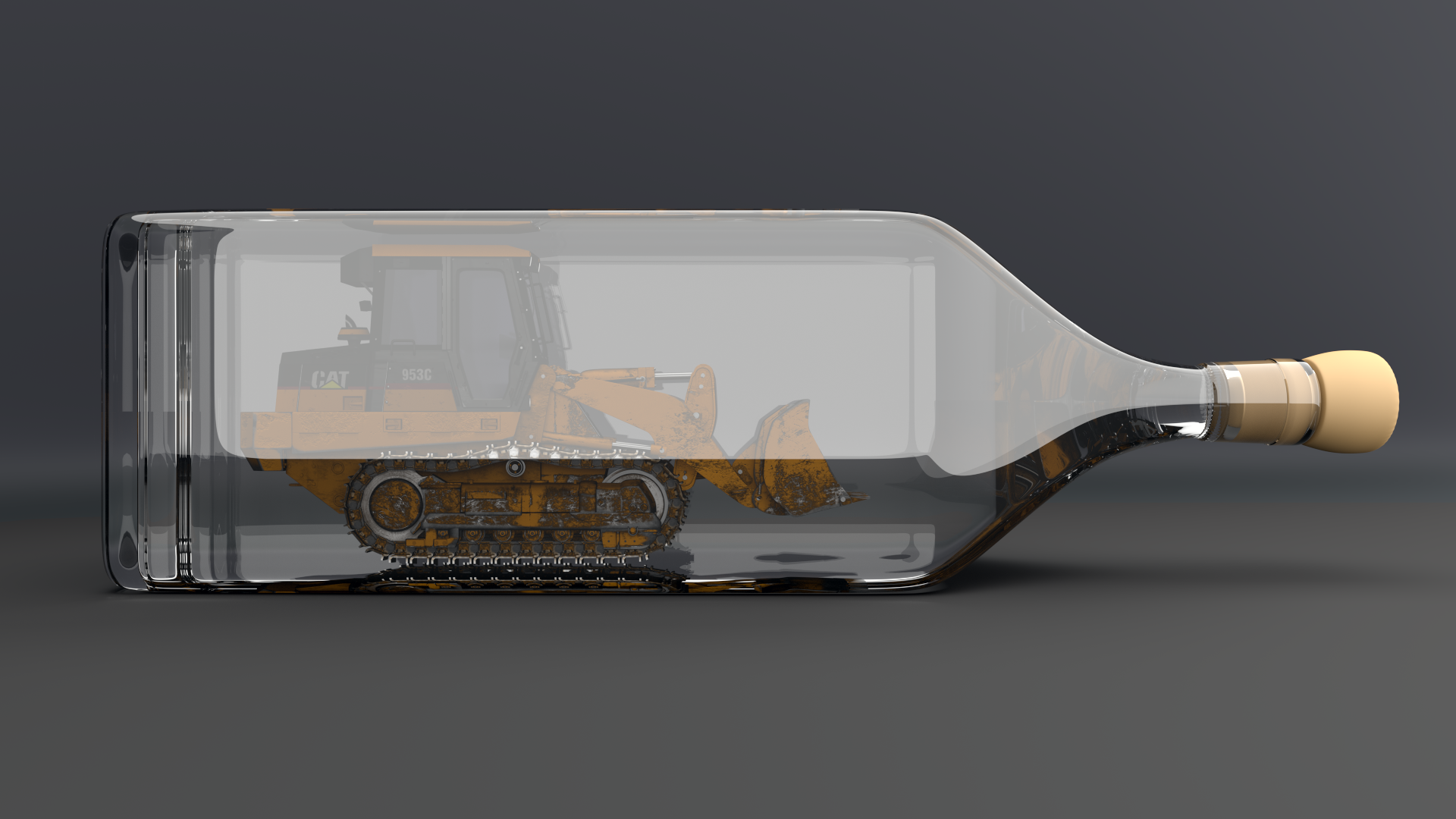 Yellow bulldozer inside a glass bottle with liquid HD Wallpaper