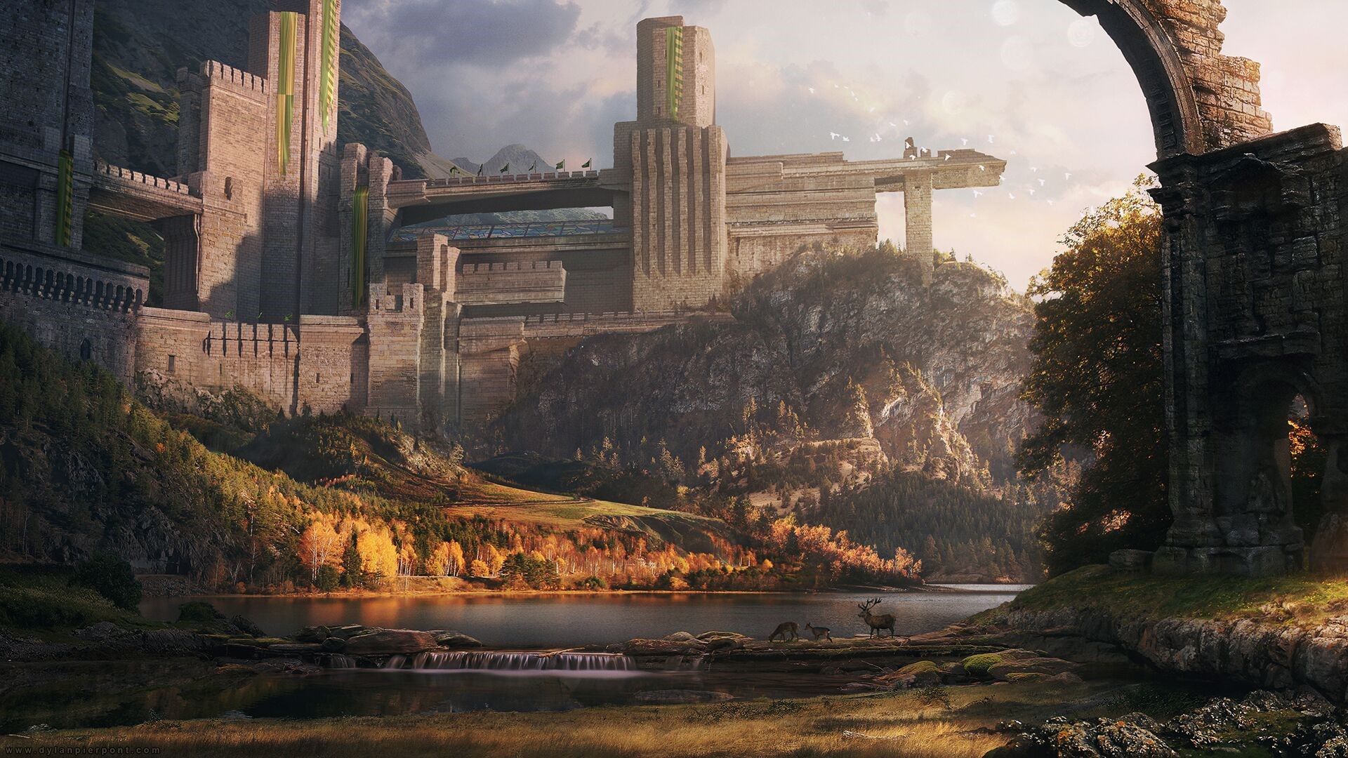 Fantasy castle on a cliff overlooking a lake with deer HD Wallpaper