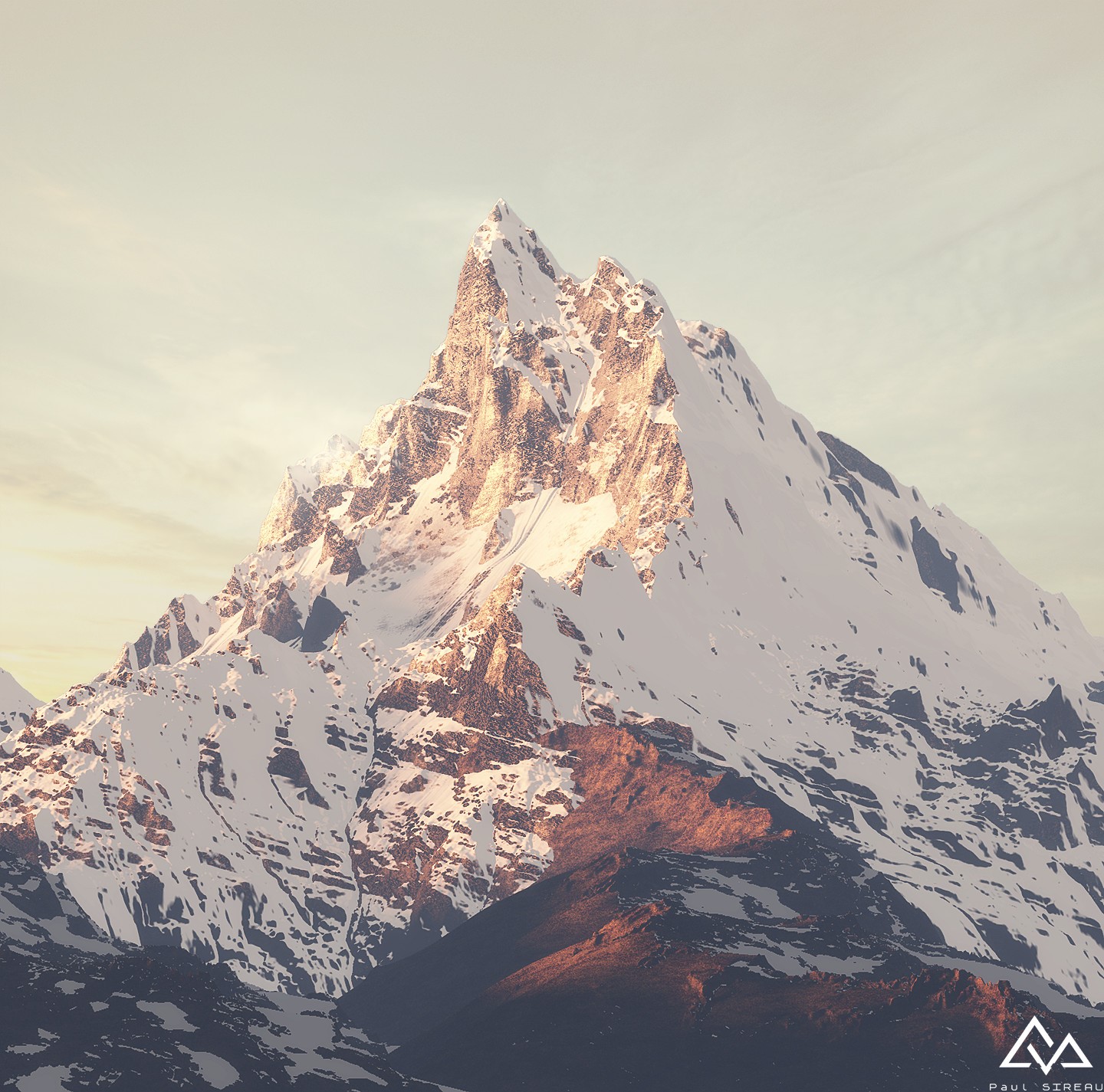 Snow-covered mountain peak artwork by Paul Sireau HD Wallpaper