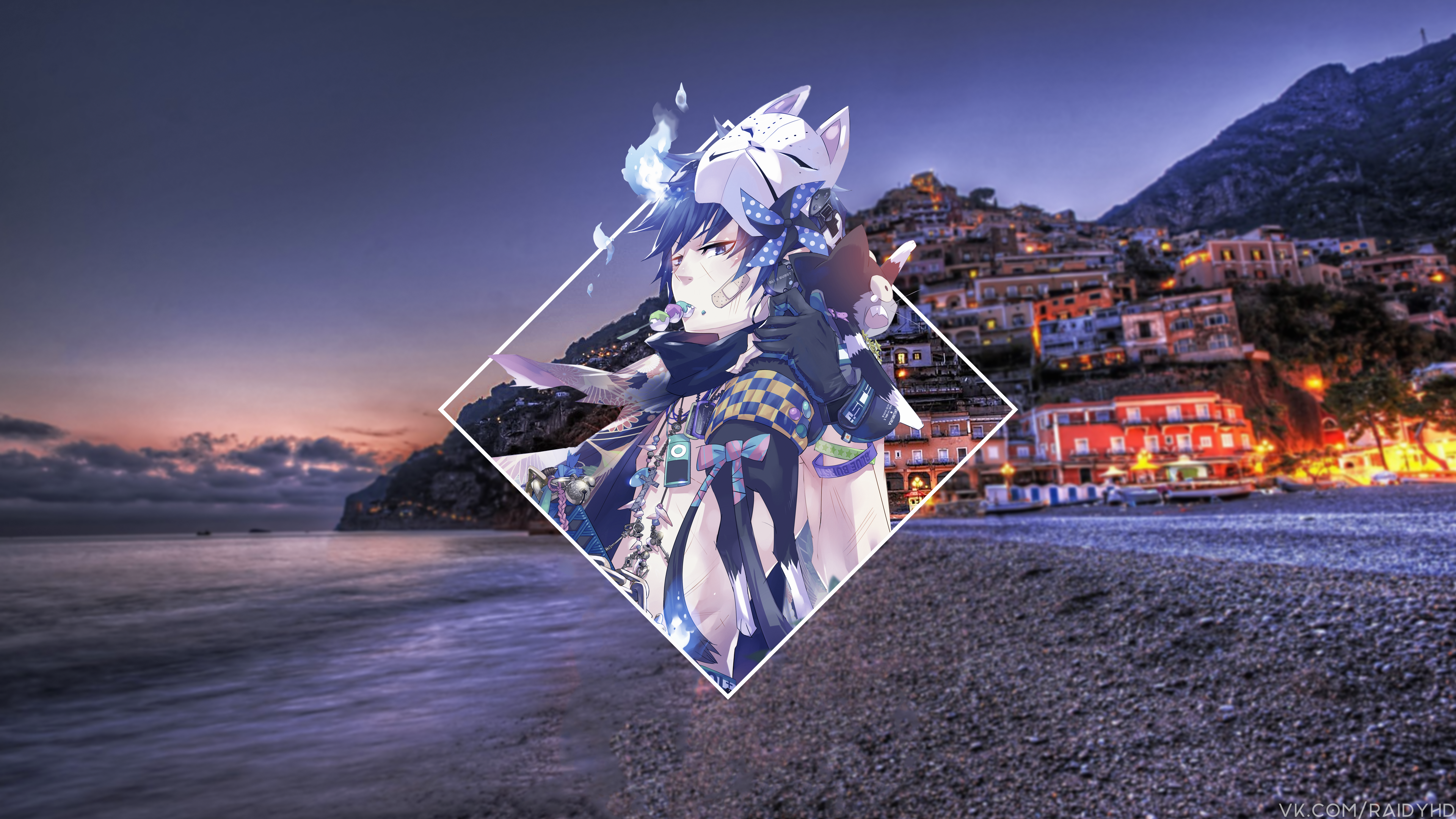 Anime character with fox mask on beach at sunset HD Wallpaper
