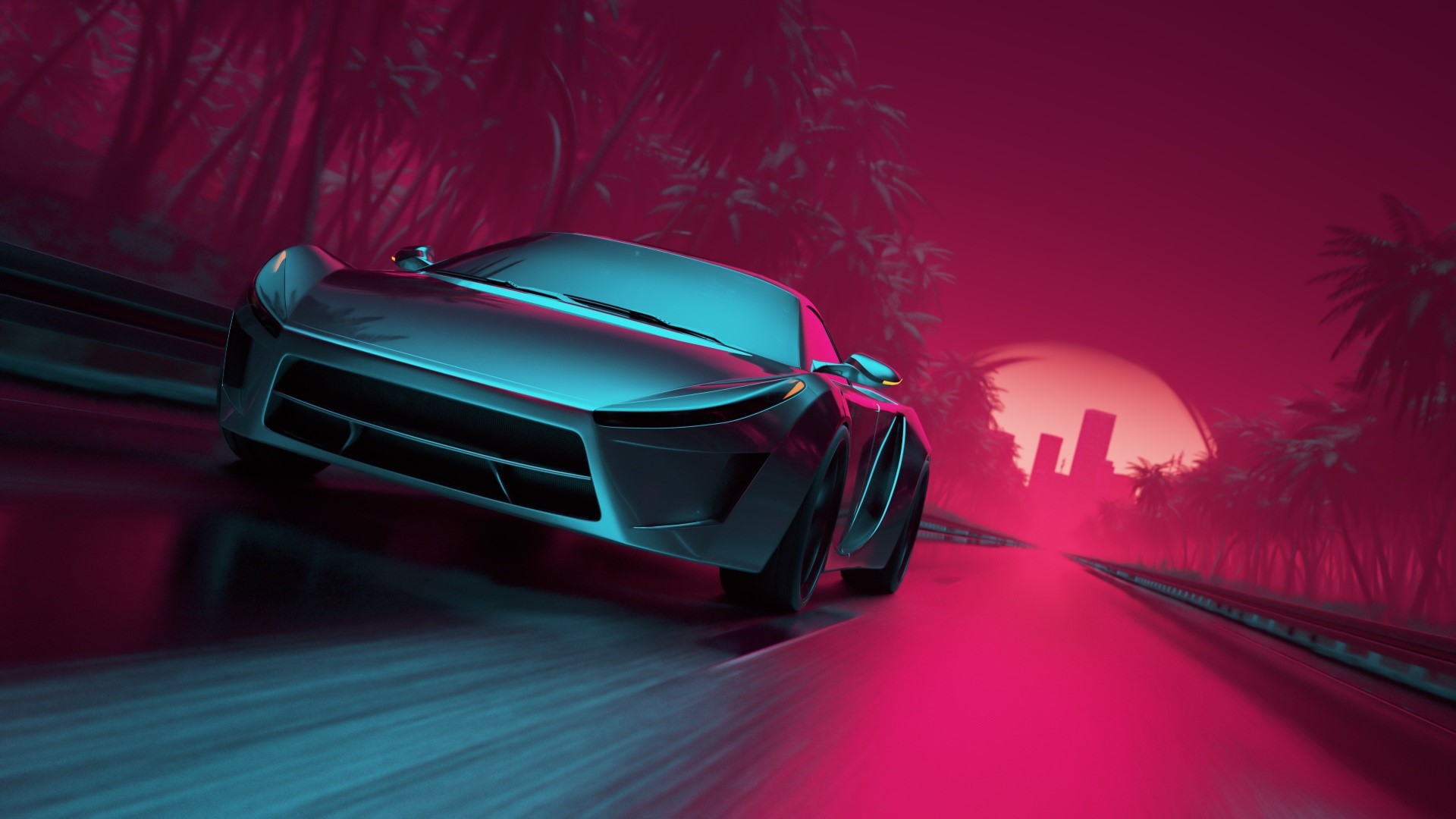 Synthwave car driving on a neon road at sunset HD Wallpaper
