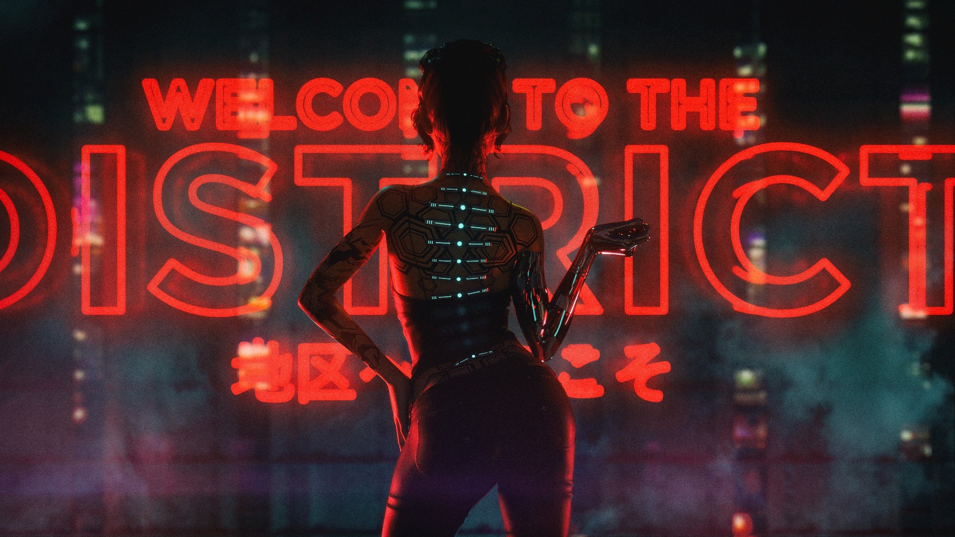 Cyberpunk character in front of neon sign HD Wallpaper