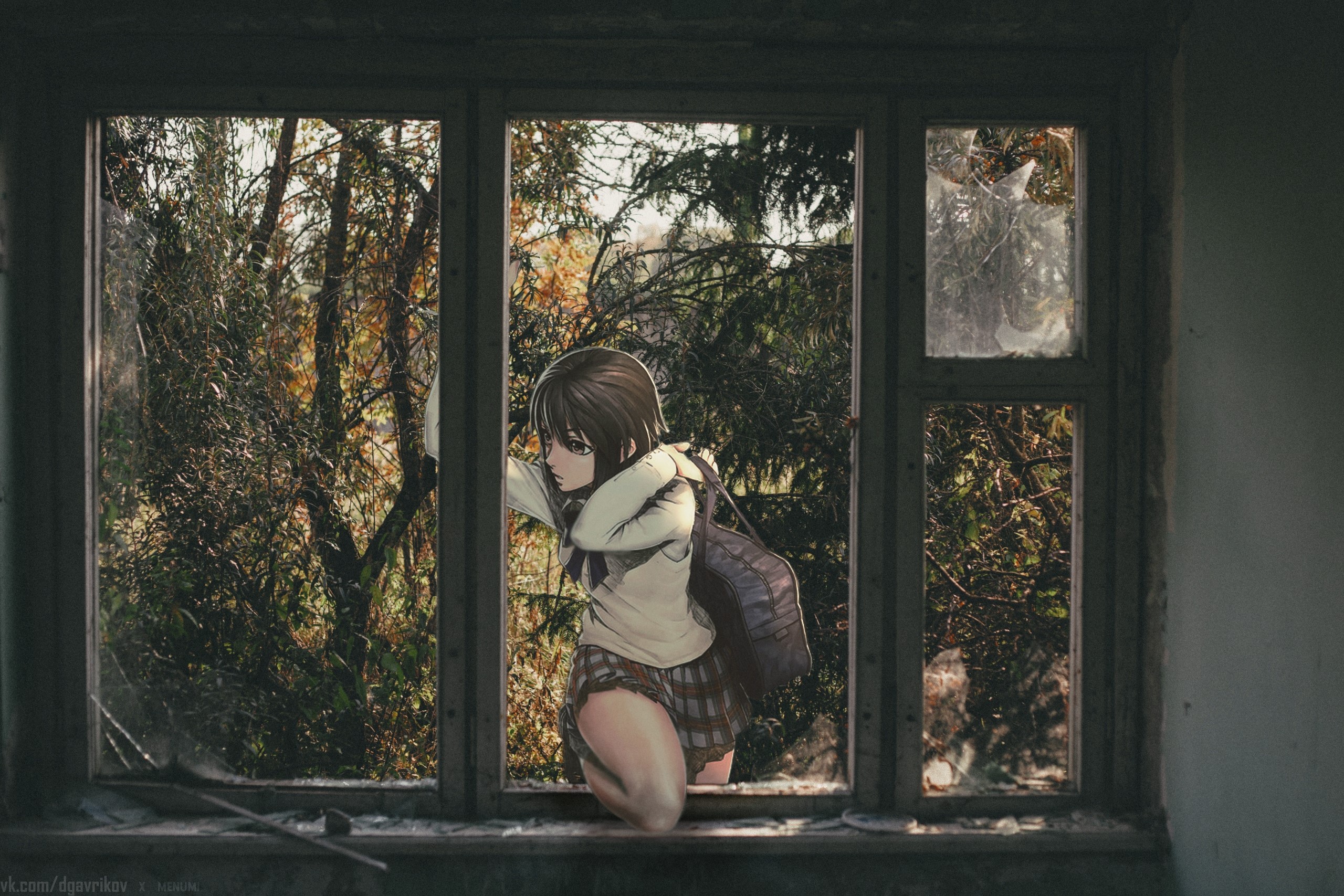 Anime girl with backpack looking out a broken window HD Wallpaper