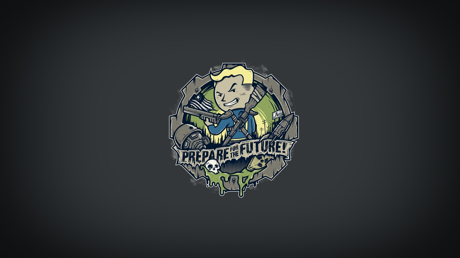 Vault Boy from Fallout holding weapons and a flag HD Wallpaper