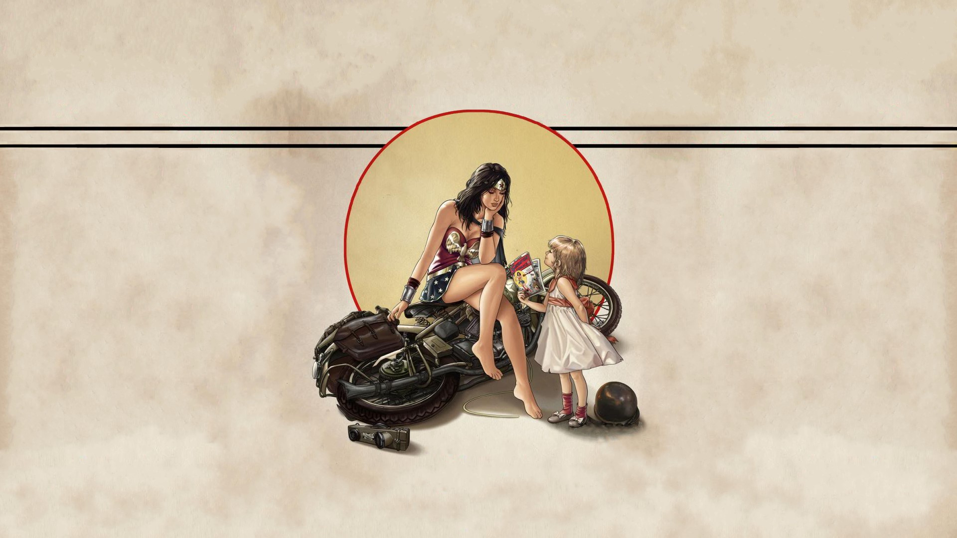 Wonder Woman and a child with a motorcycle HD Wallpaper