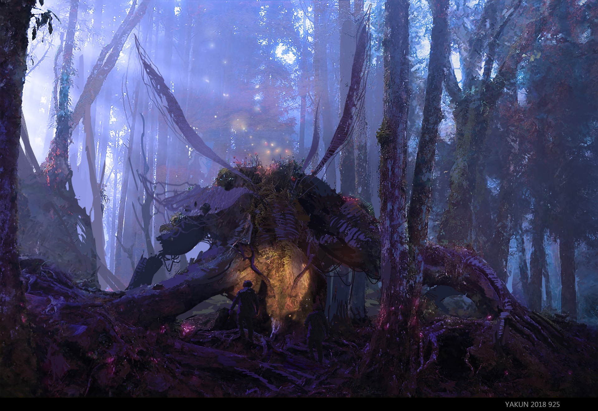 Fantasy forest with glowing creature and figures HD Wallpaper
