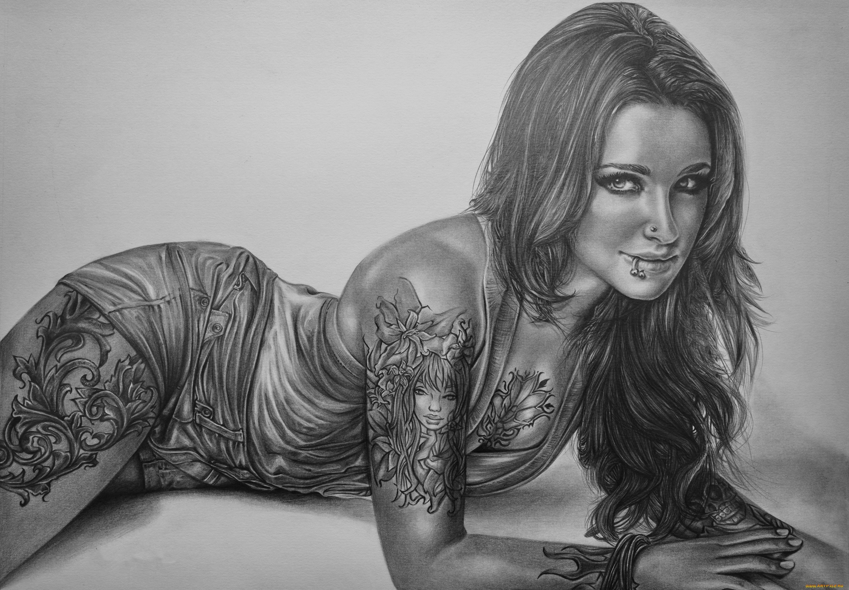 Pencil drawing of a tattooed woman lying down HD Wallpaper