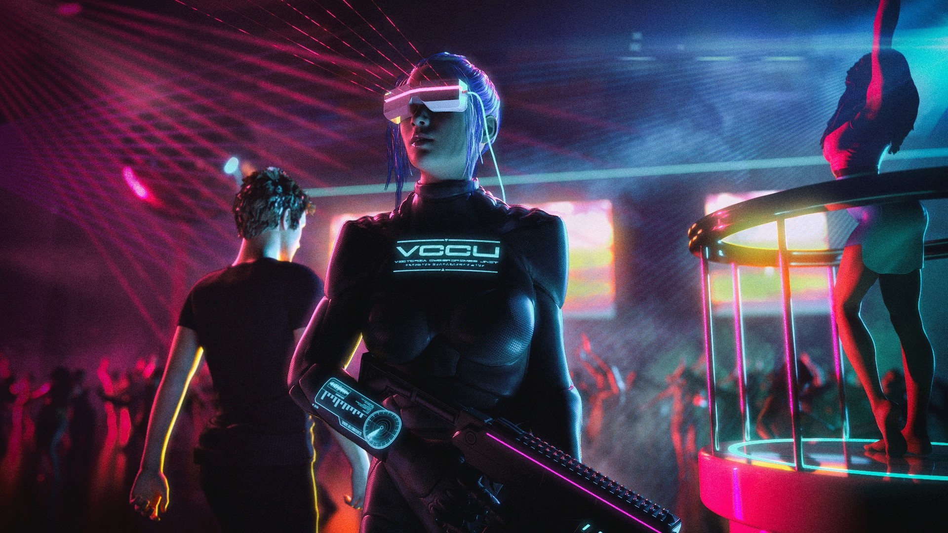 Woman with futuristic weapon in a cyberpunk club HD Wallpaper