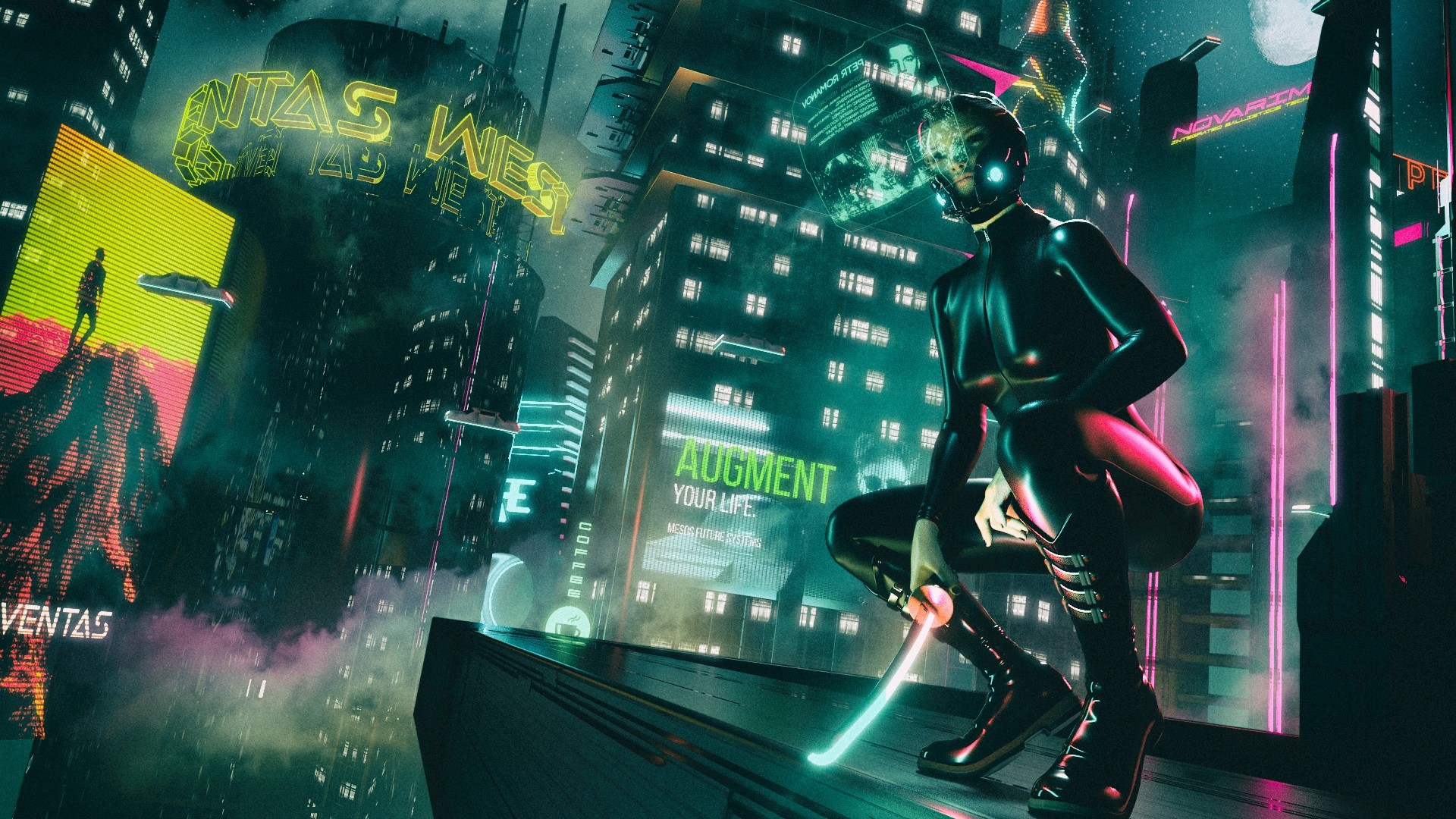 Cyberpunk woman in futuristic city HD Wallpaper