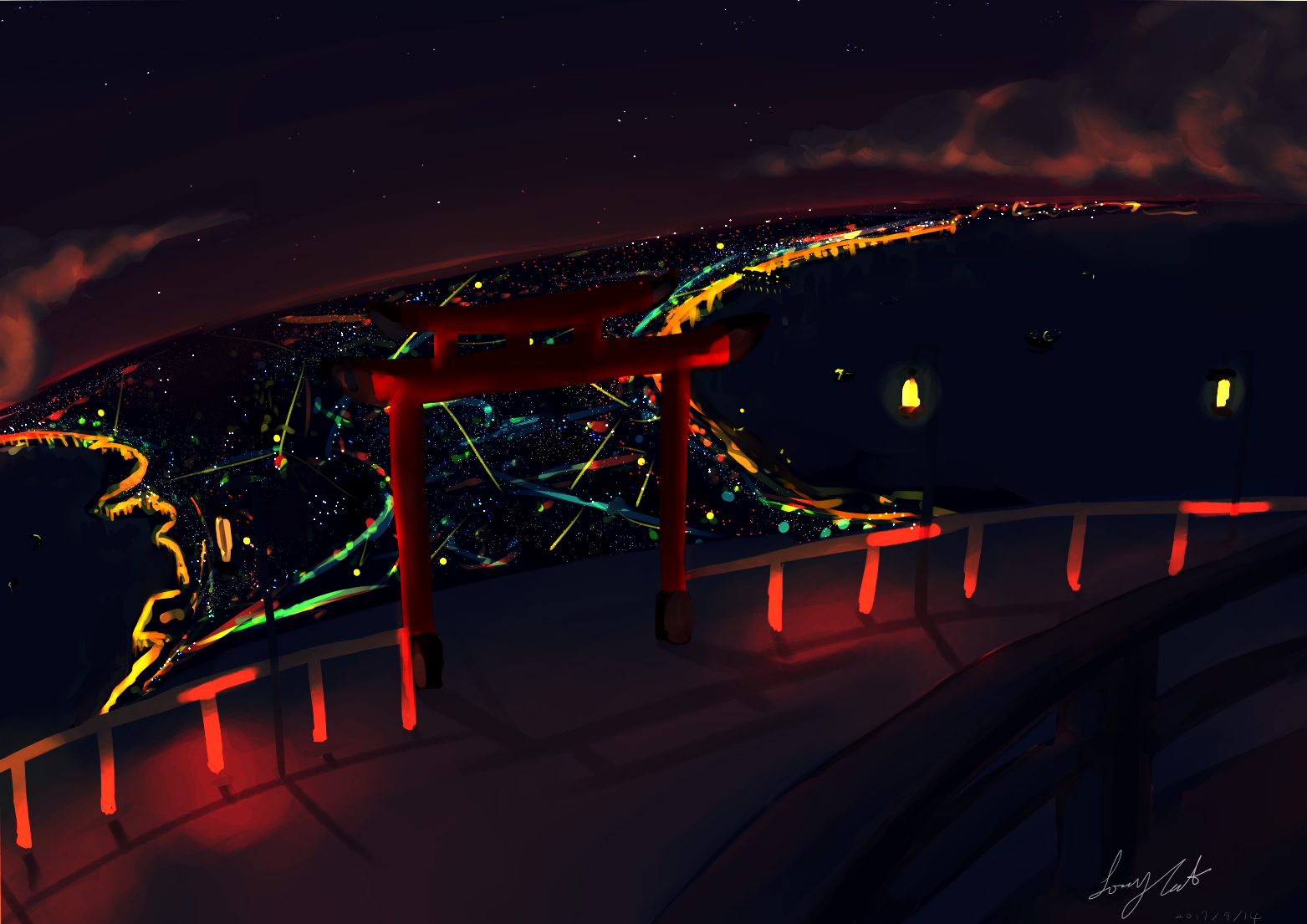 Night view of a city with a Torii gate HD Wallpaper