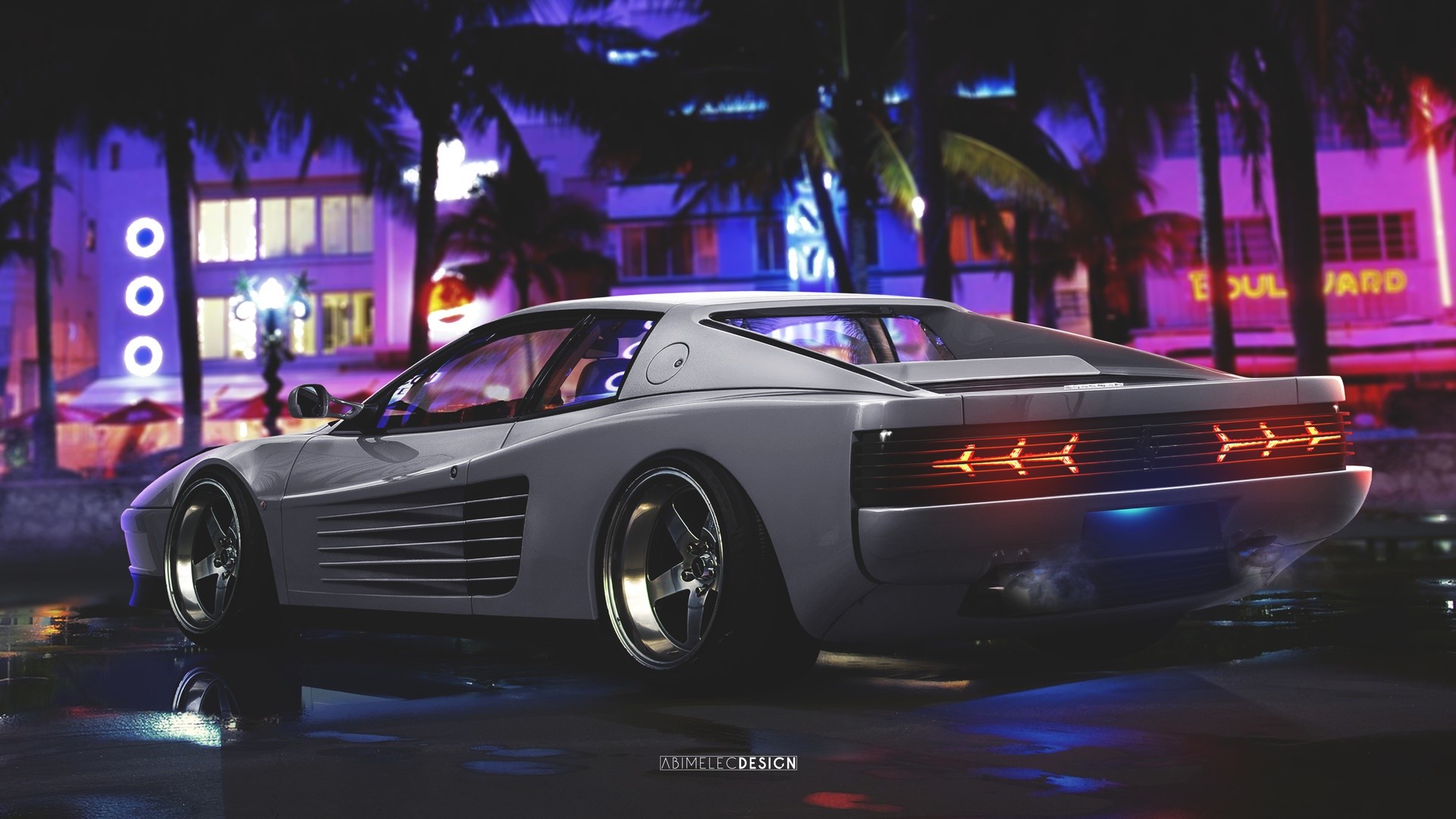 White Ferrari Testarossa on a wet street at night HD Wallpaper