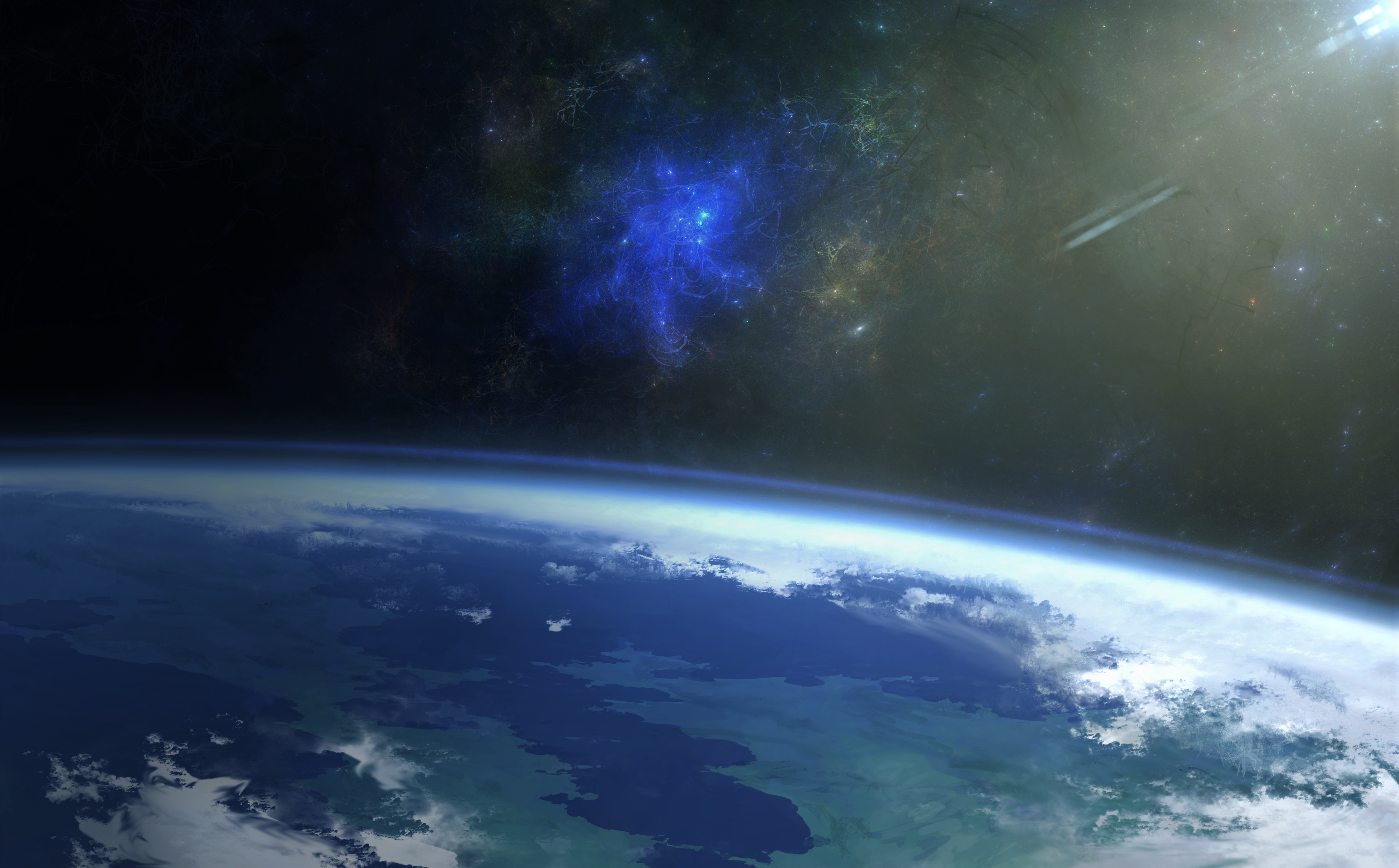 Earth from space with nebula and stars HD Wallpaper