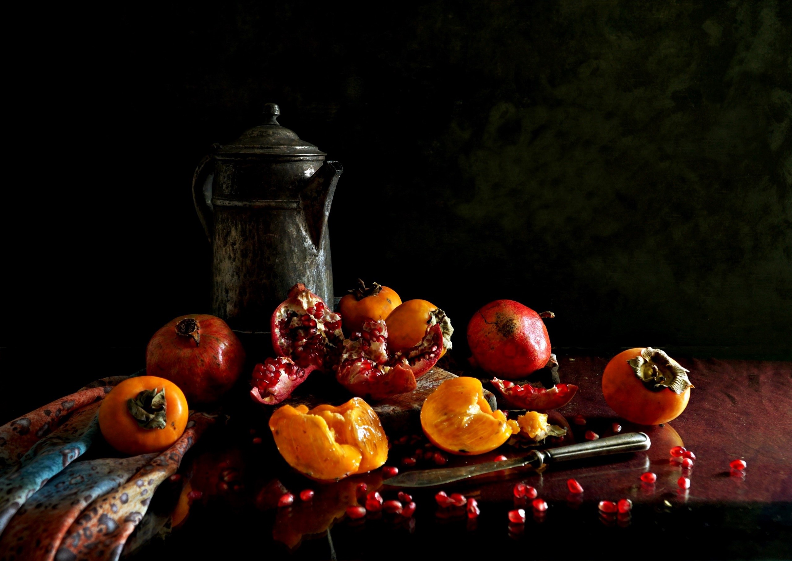 Still life with pomegranates, persimmons, and a metal pitcher HD Wallpaper