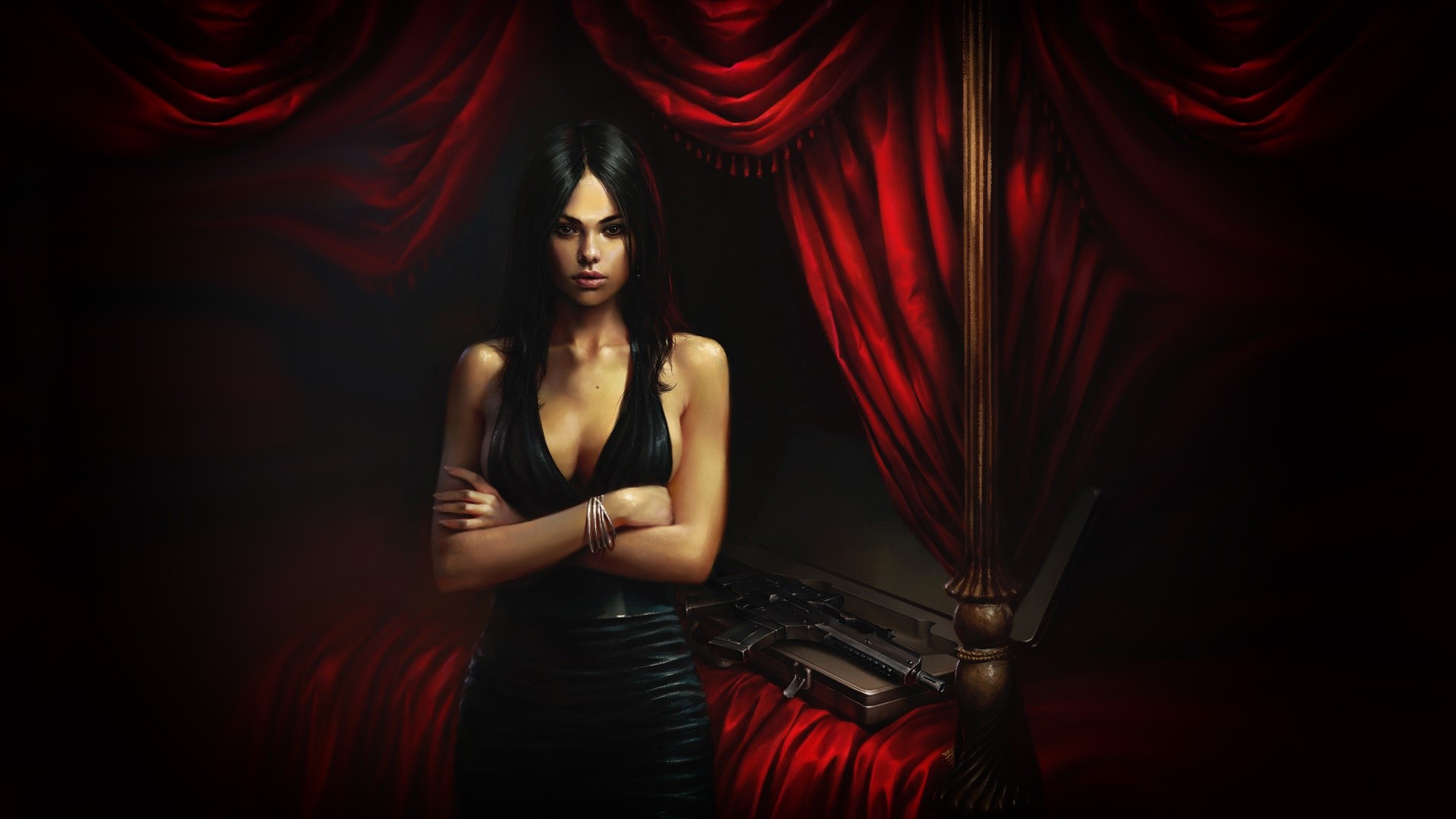 Woman in black dress with guns HD Wallpaper