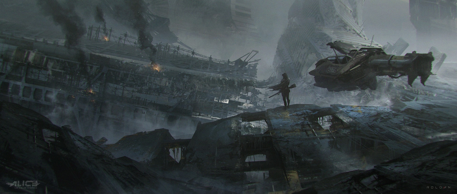 Artwork by Juan Pablo Roldan: Futuristic Wreckage HD Wallpaper