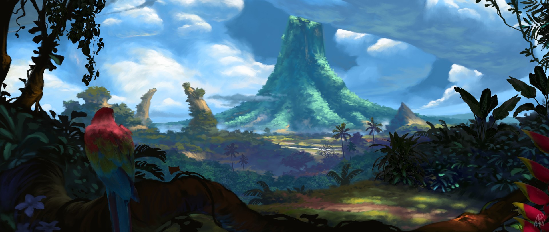 Digital artwork of a tropical island landscape with a parrot HD Wallpaper
