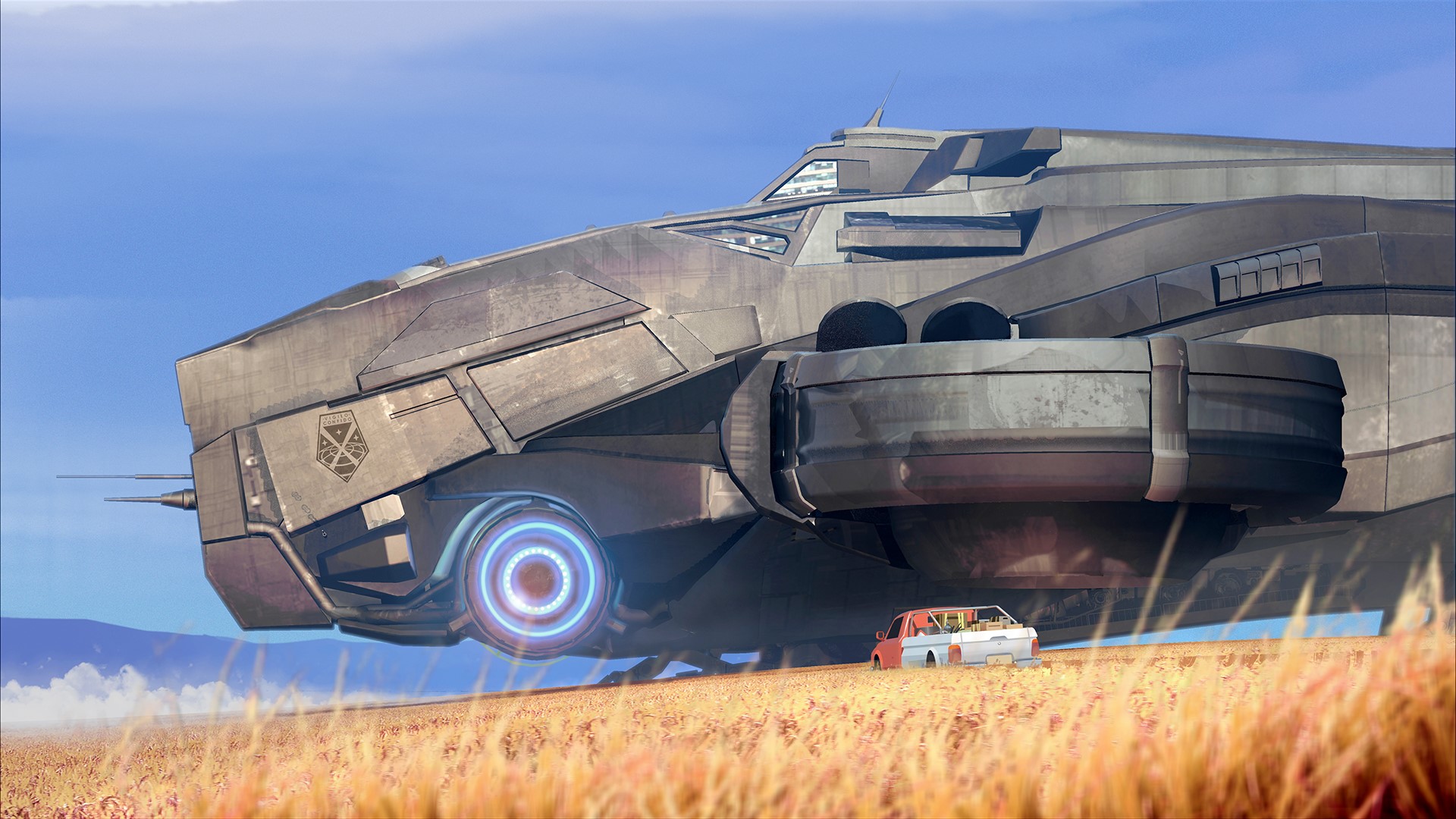 XCOM 2 concept art of a large spaceship and a car HD Wallpaper