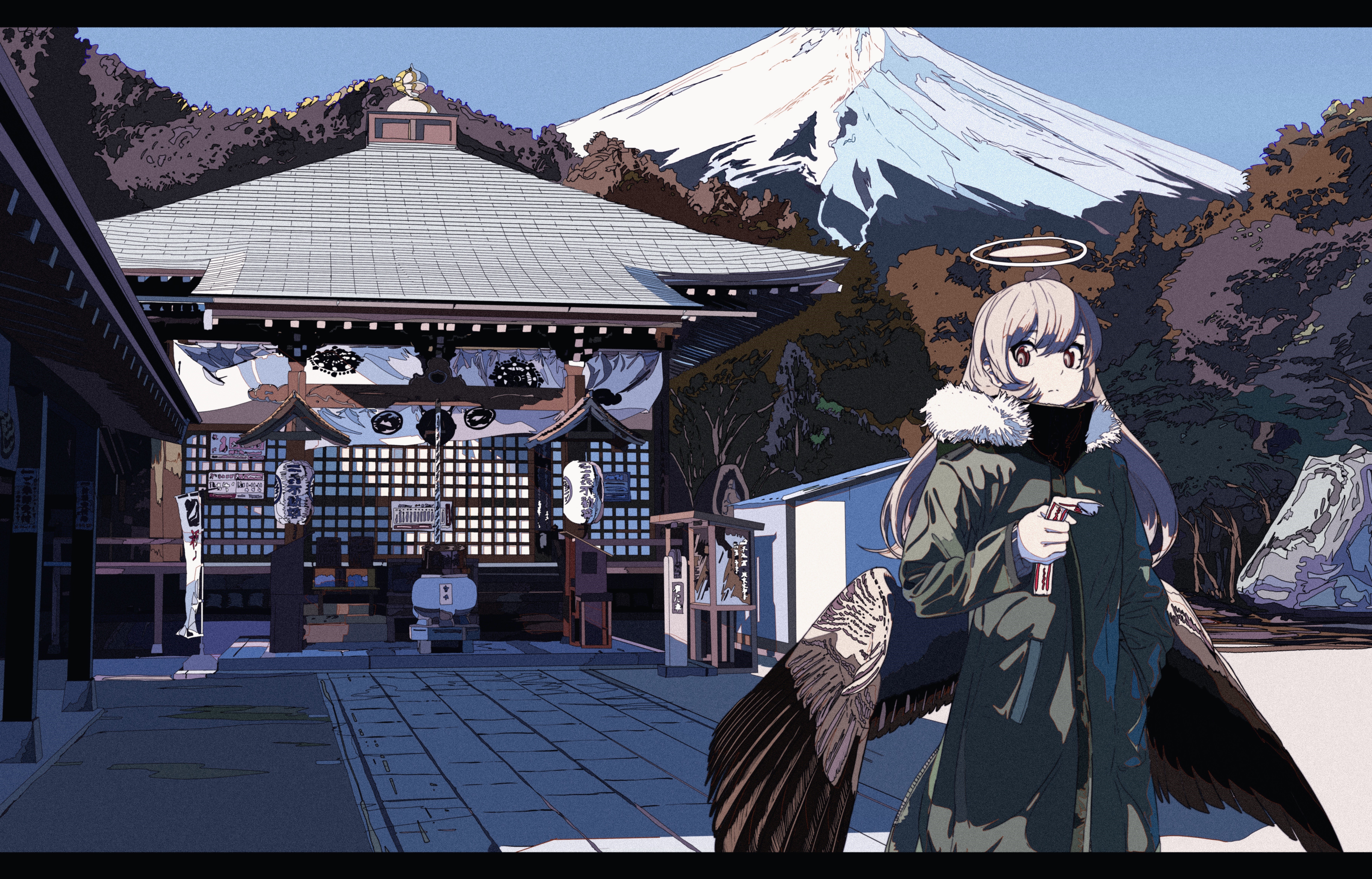 Anime girl with wings at a Japanese shrine with Mt. Fuji HD Wallpaper