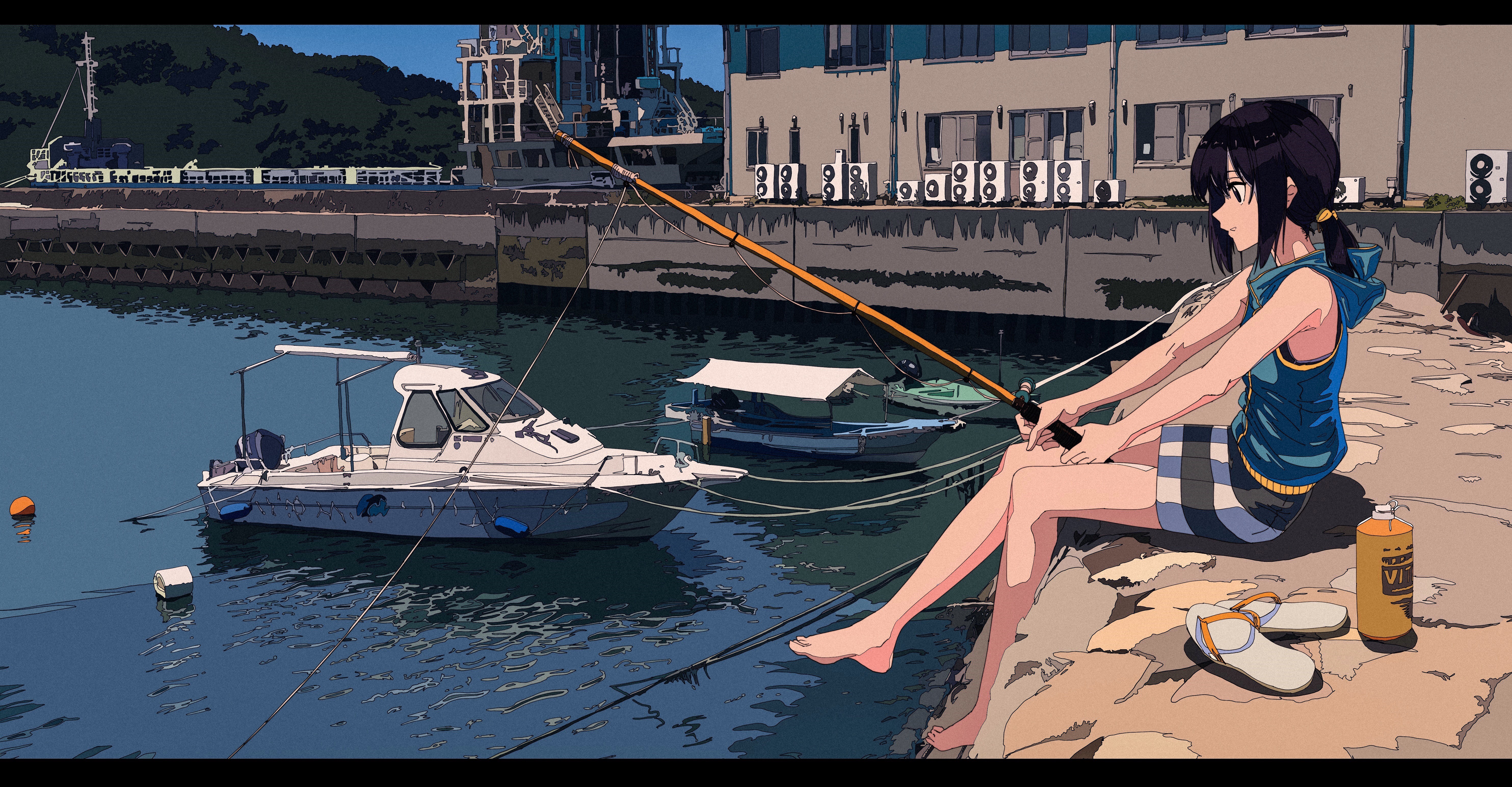 Anime girl fishing by the dock HD Wallpaper