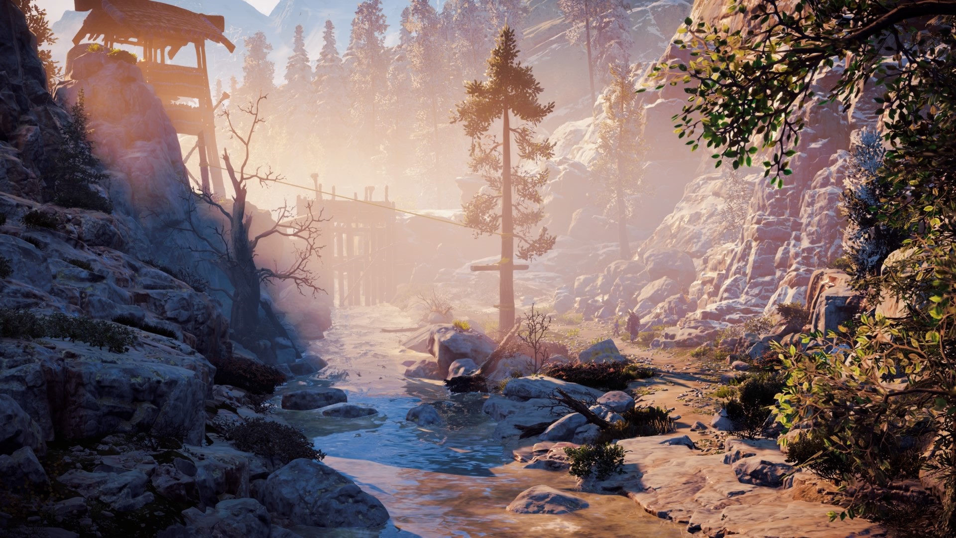 Horizon Zero Dawn forest river with wooden structure HD Wallpaper