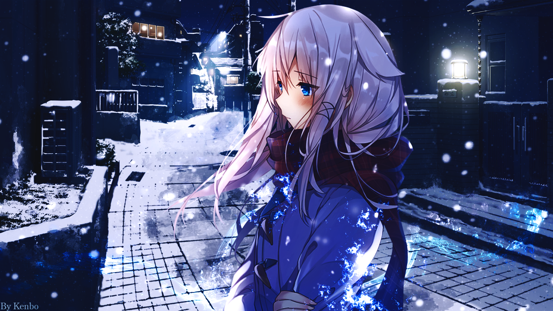 Anime Girl in Snowy Night Scene HD Wallpaper