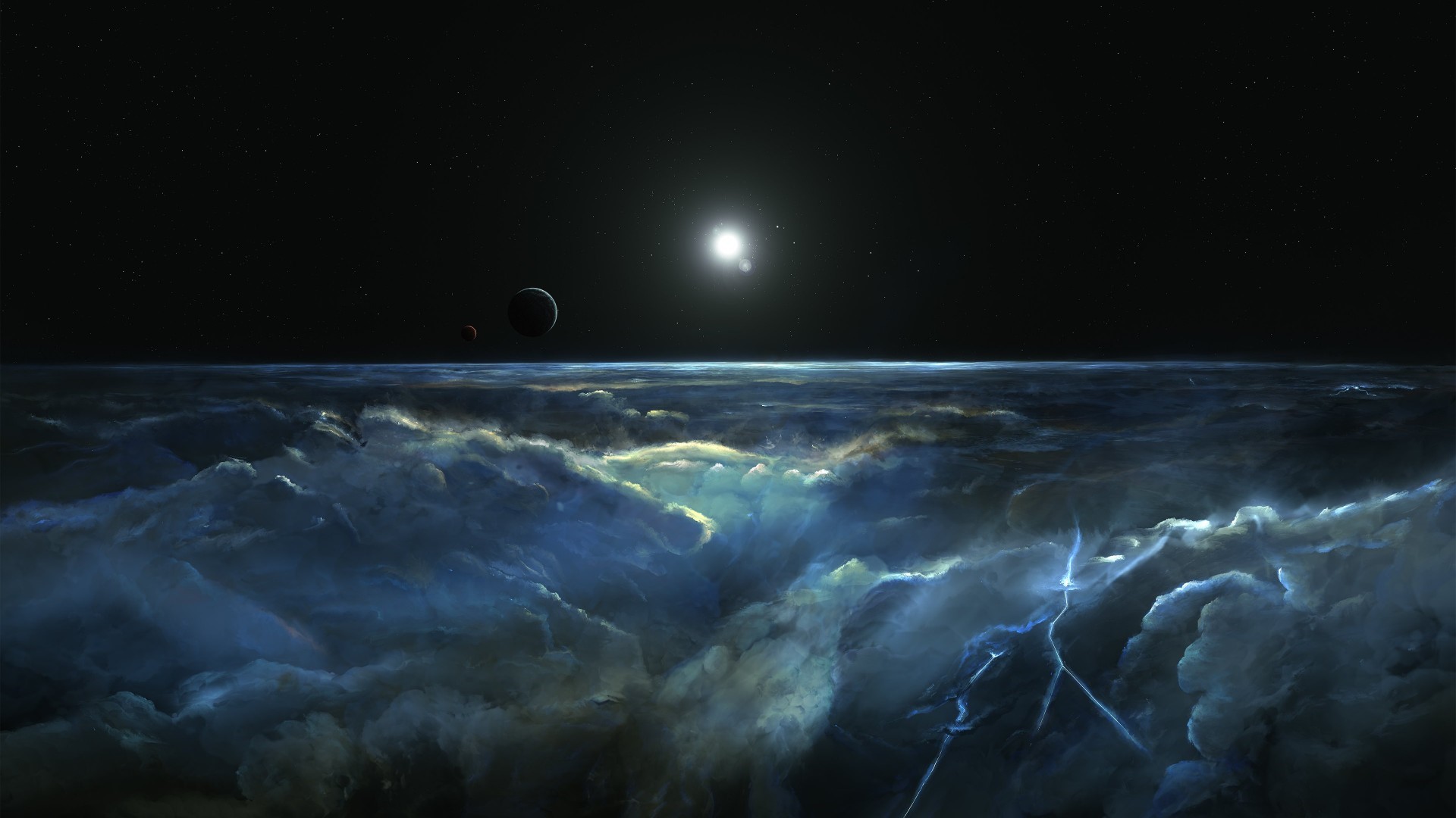 Digital art of space with planets and clouds HD Wallpaper