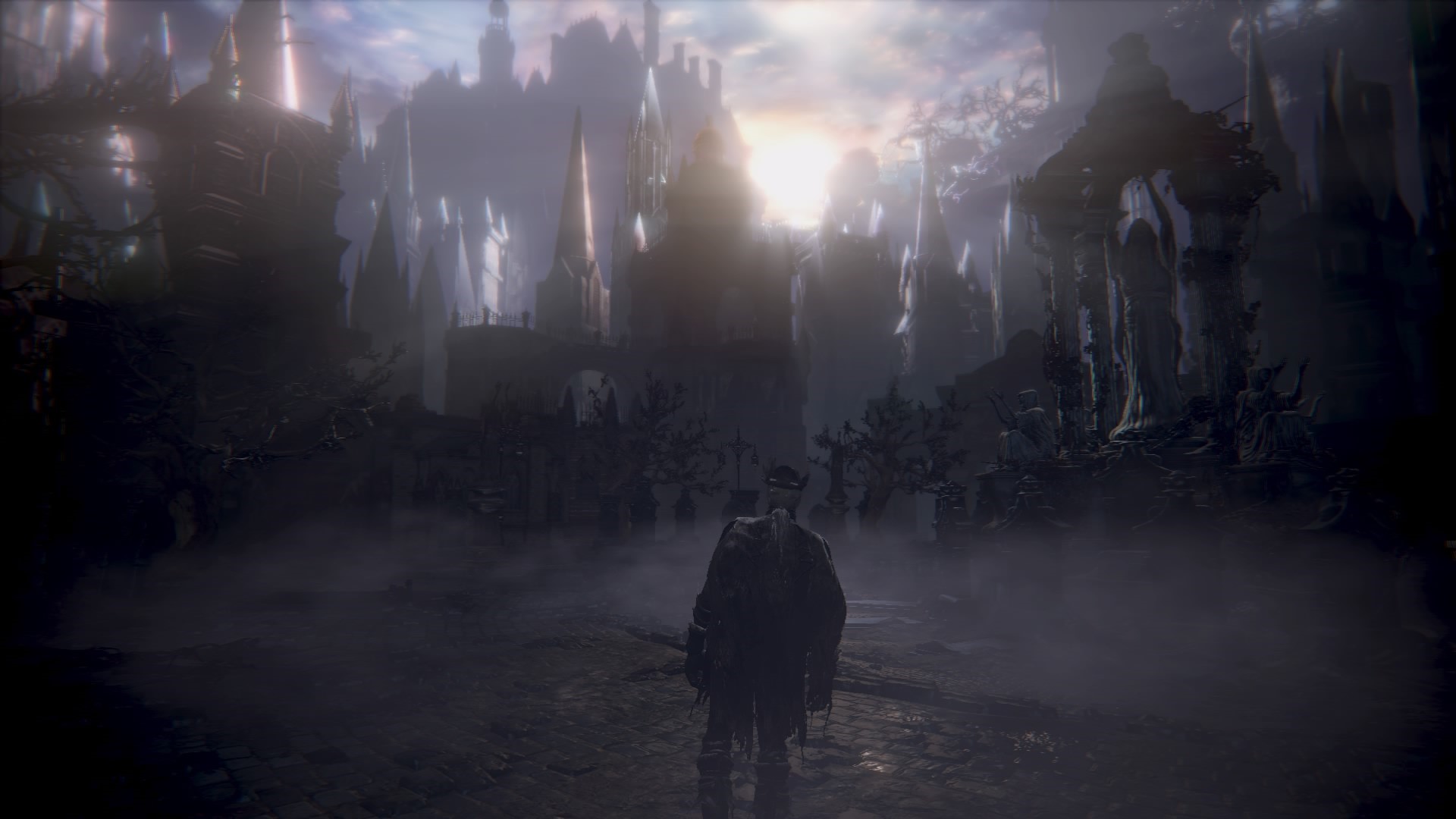 Character in Bloodborne facing a gothic city HD Wallpaper