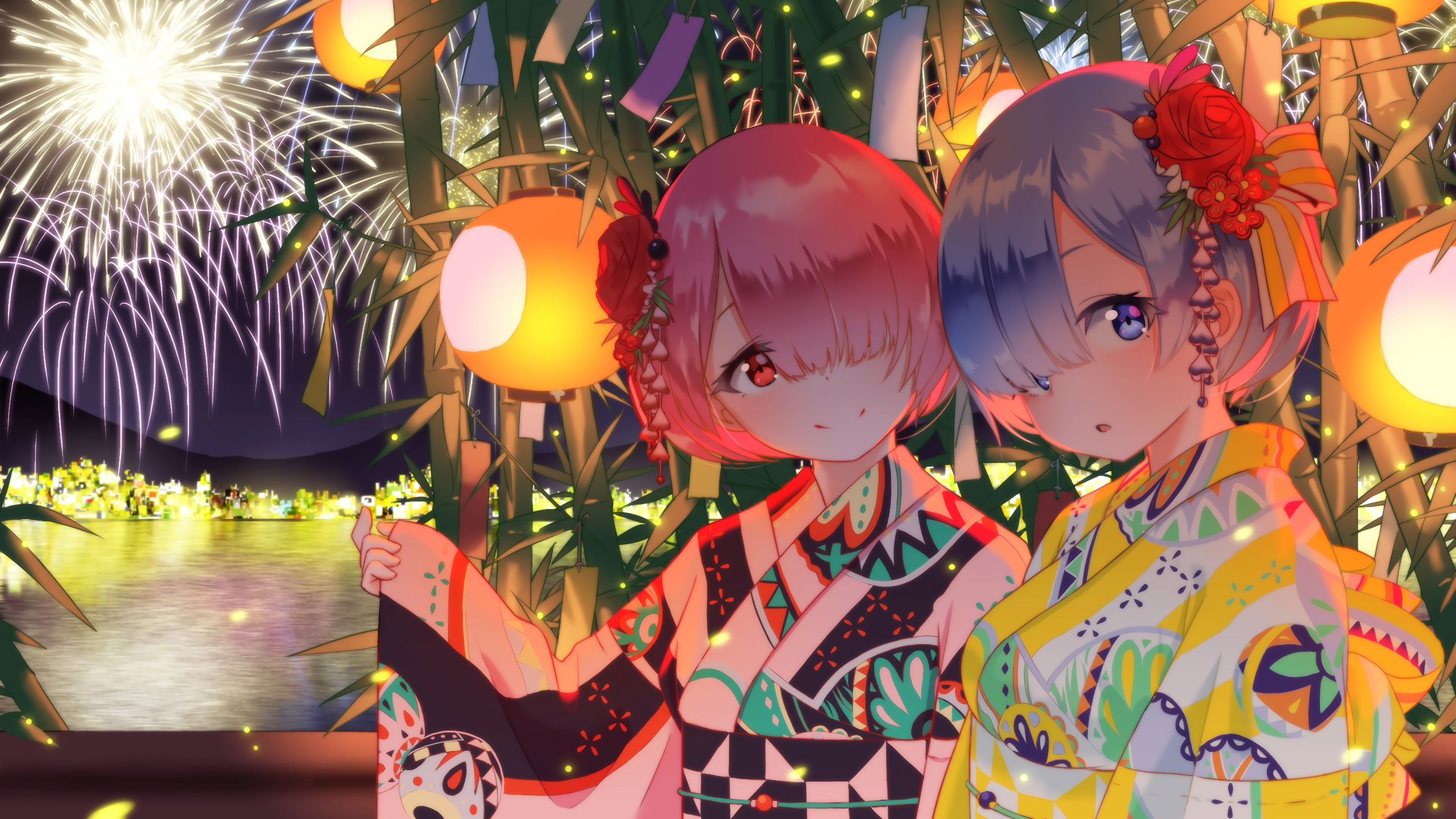 Ram and Rem from Re:Zero wearing yukatas at a fireworks festival HD Wallpaper