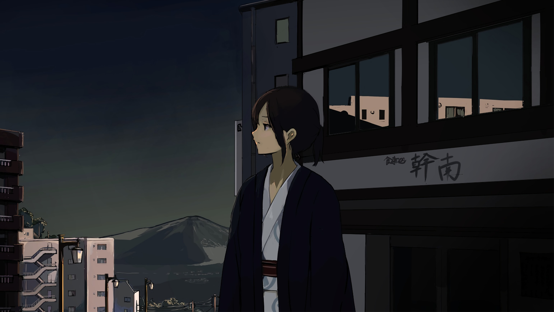 Anime girl in yukata looking at Mount Fuji at dusk HD Wallpaper
