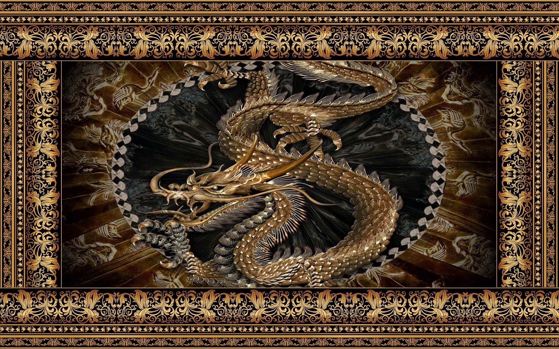 Golden Dragon with Ornate Border HD Wallpaper