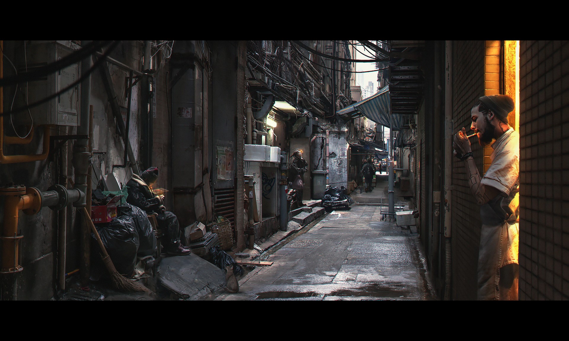 Cyberpunk alleyway with a man smoking HD Wallpaper