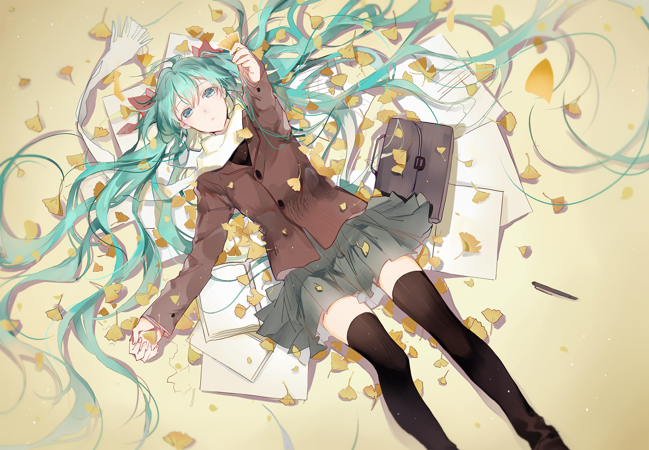 Hatsune Miku lying on papers and leaves HD Wallpaper