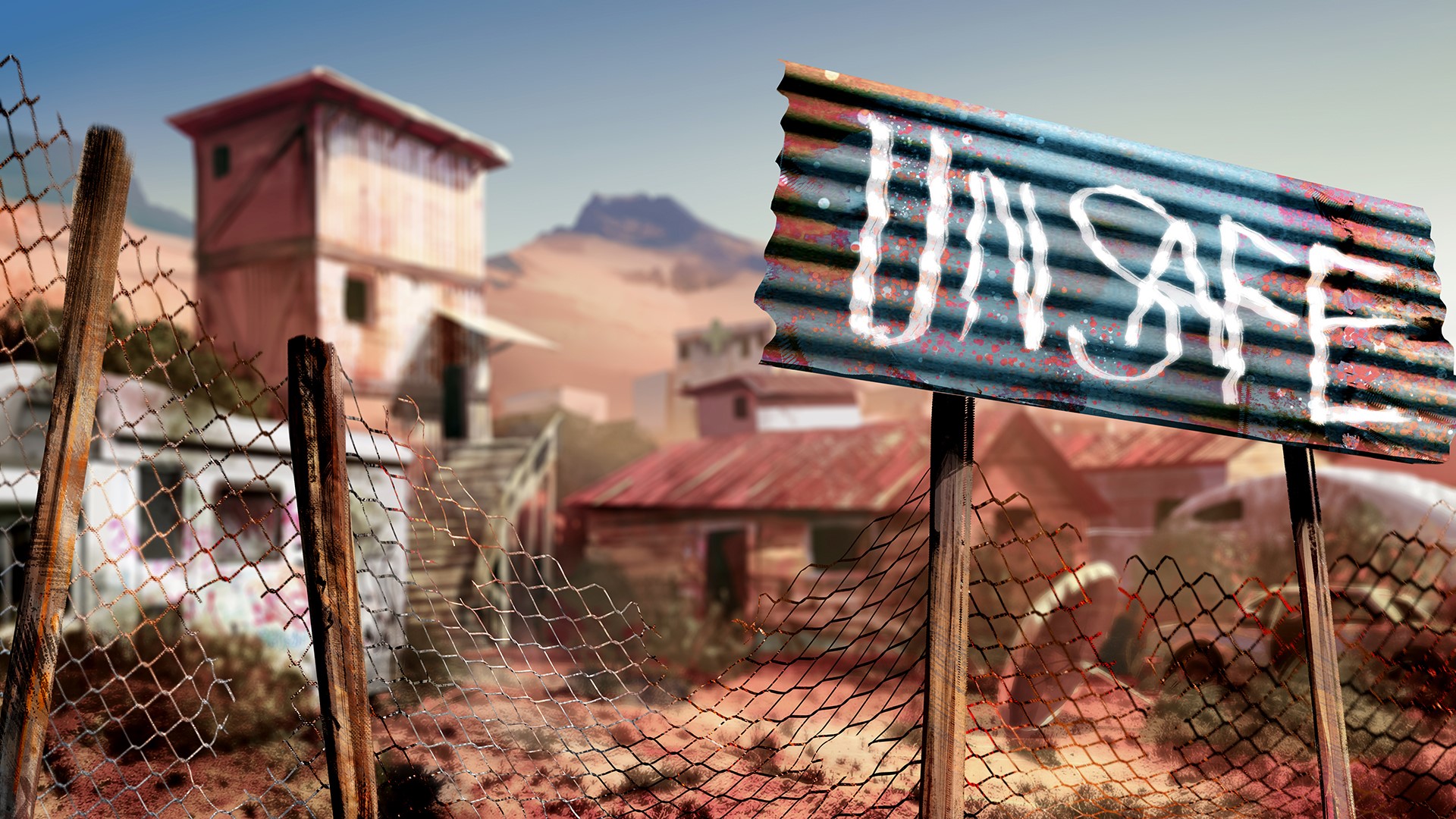XCOM 2 concept art of a desolate settlement with a warning sign HD Wallpaper