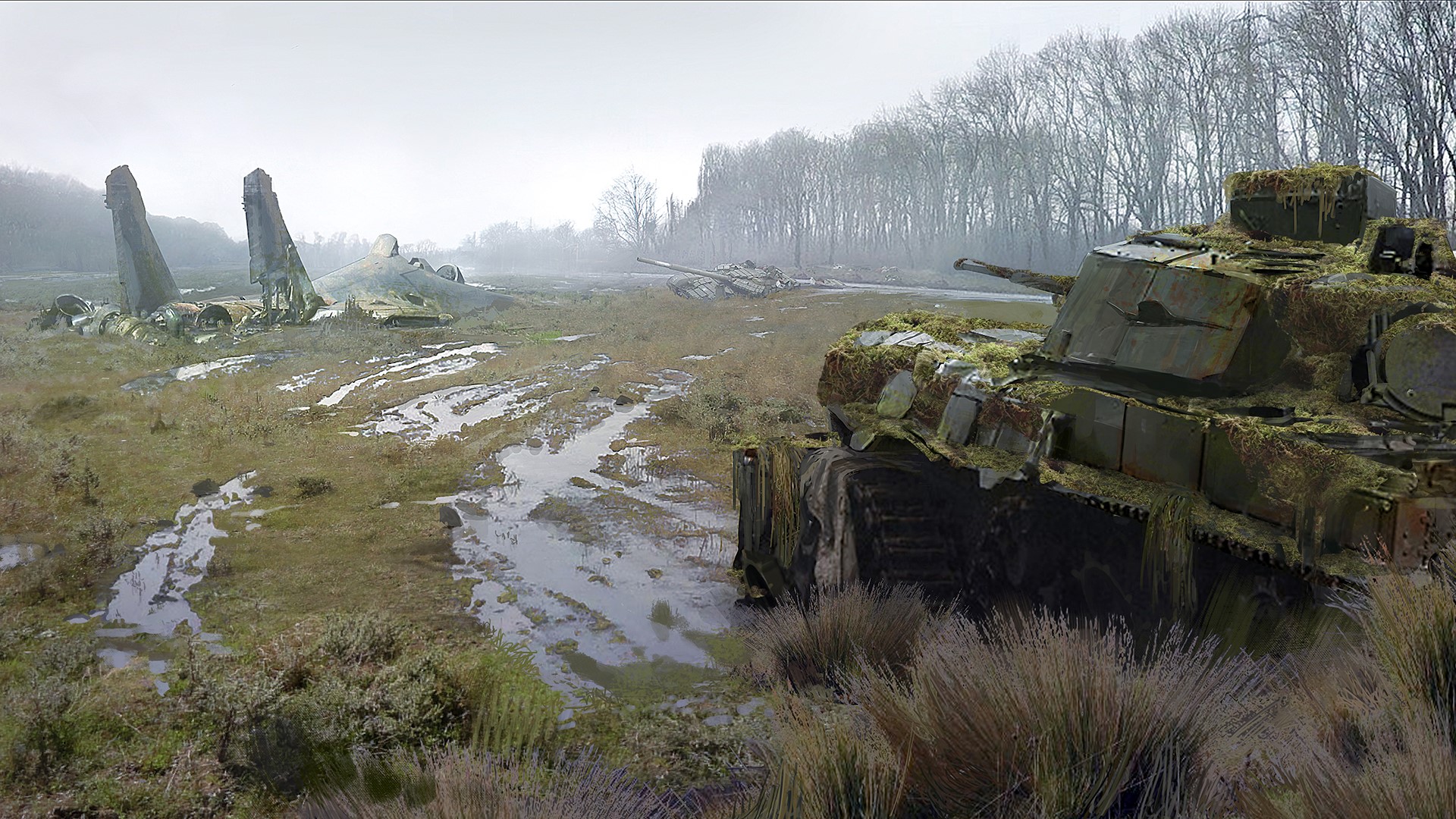 Concept art of abandoned tank and aircraft wreckage HD Wallpaper
