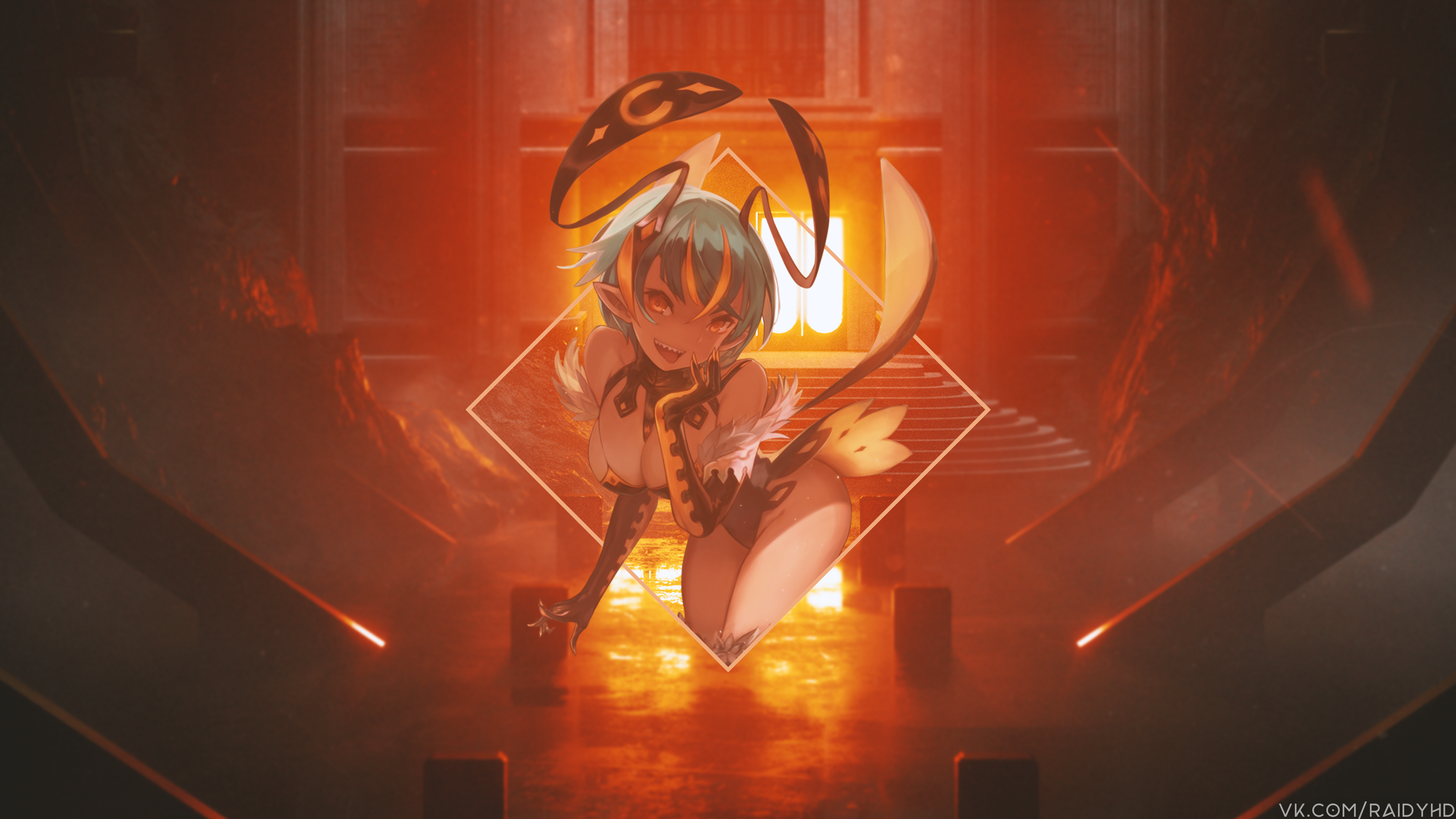 Anime girl with bunny ears in a fiery environment HD Wallpaper