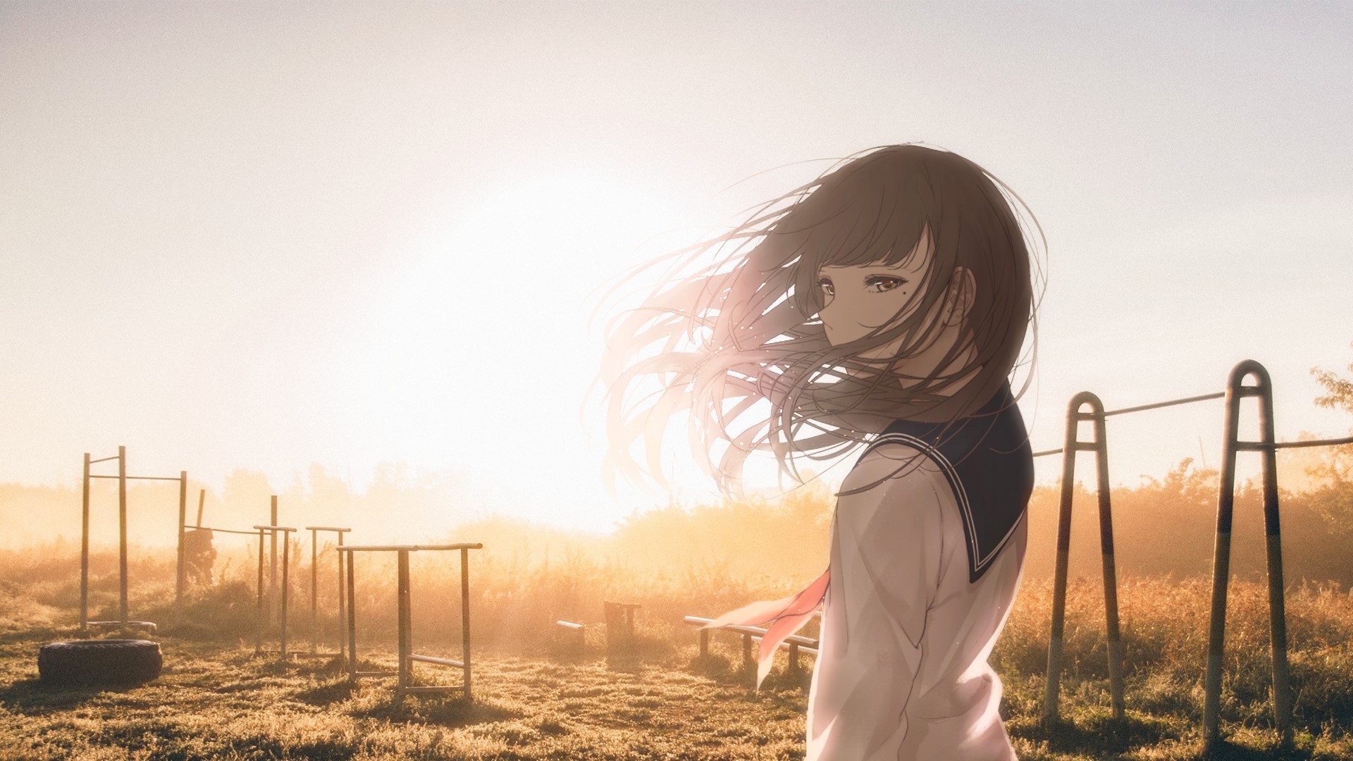 Anime girl in school uniform in a park at sunrise HD Wallpaper