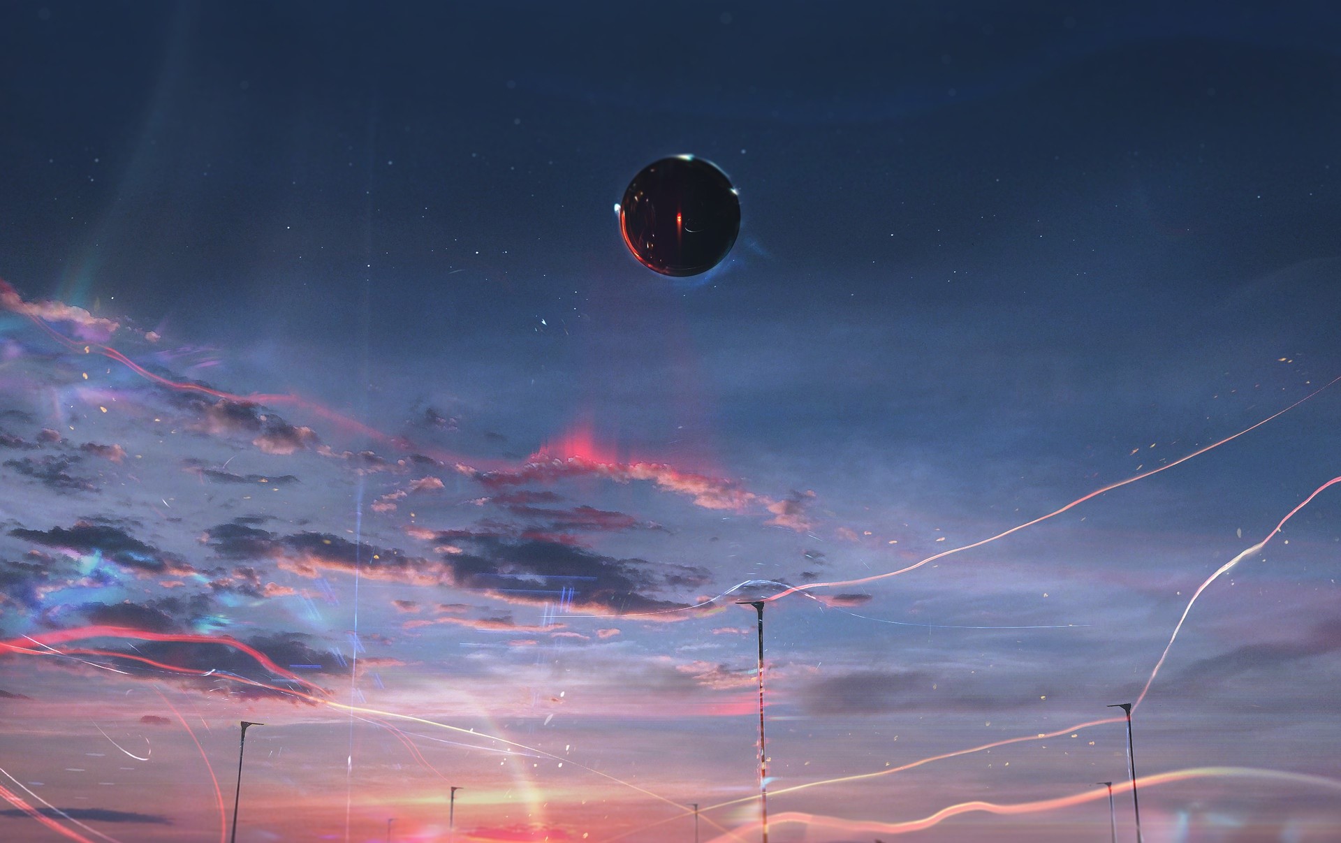 Illustration of a dark orb in the sky with light trails HD Wallpaper