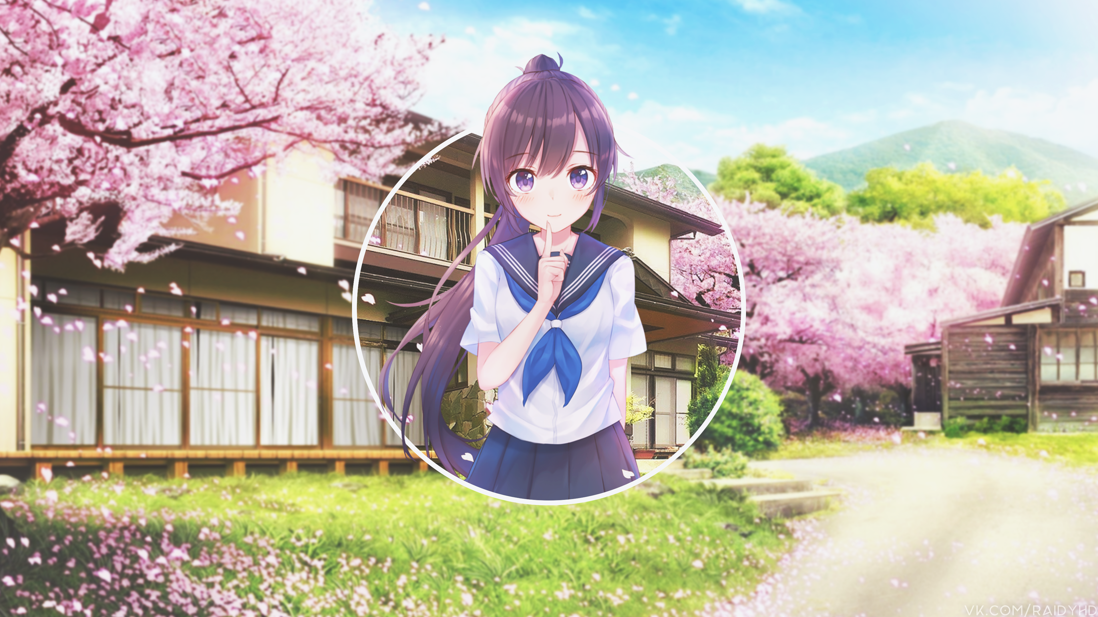 Anime girl in school uniform with cherry blossoms HD Wallpaper