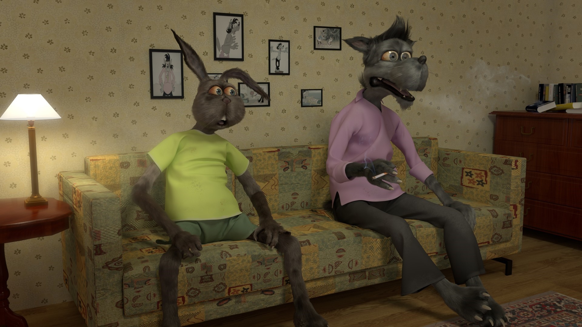 Wolf and Hare from Nu, Pogodi! smoking on a couch HD Wallpaper