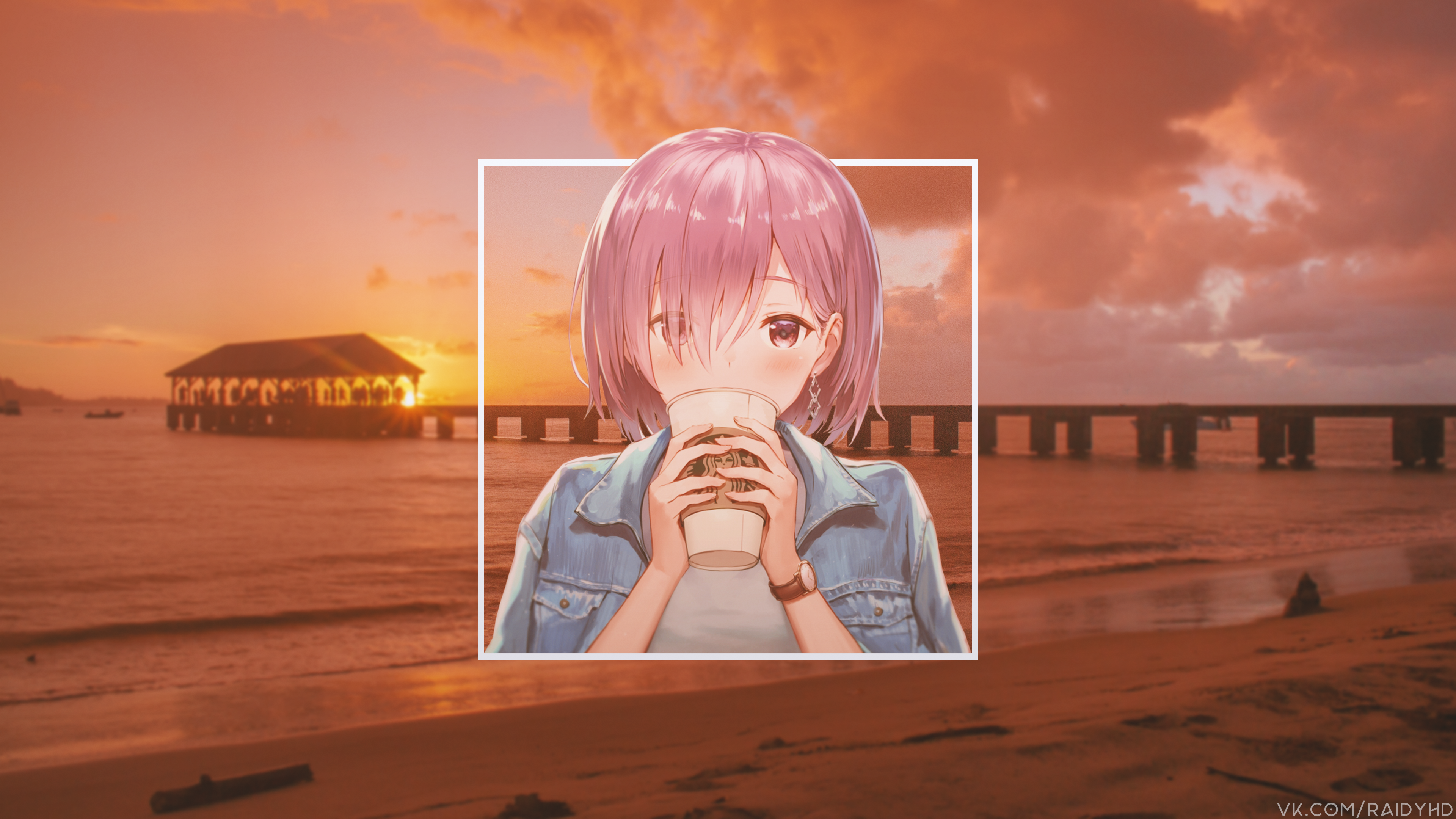 Mash Kyrielight from Fate Series drinking coffee at sunset HD Wallpaper